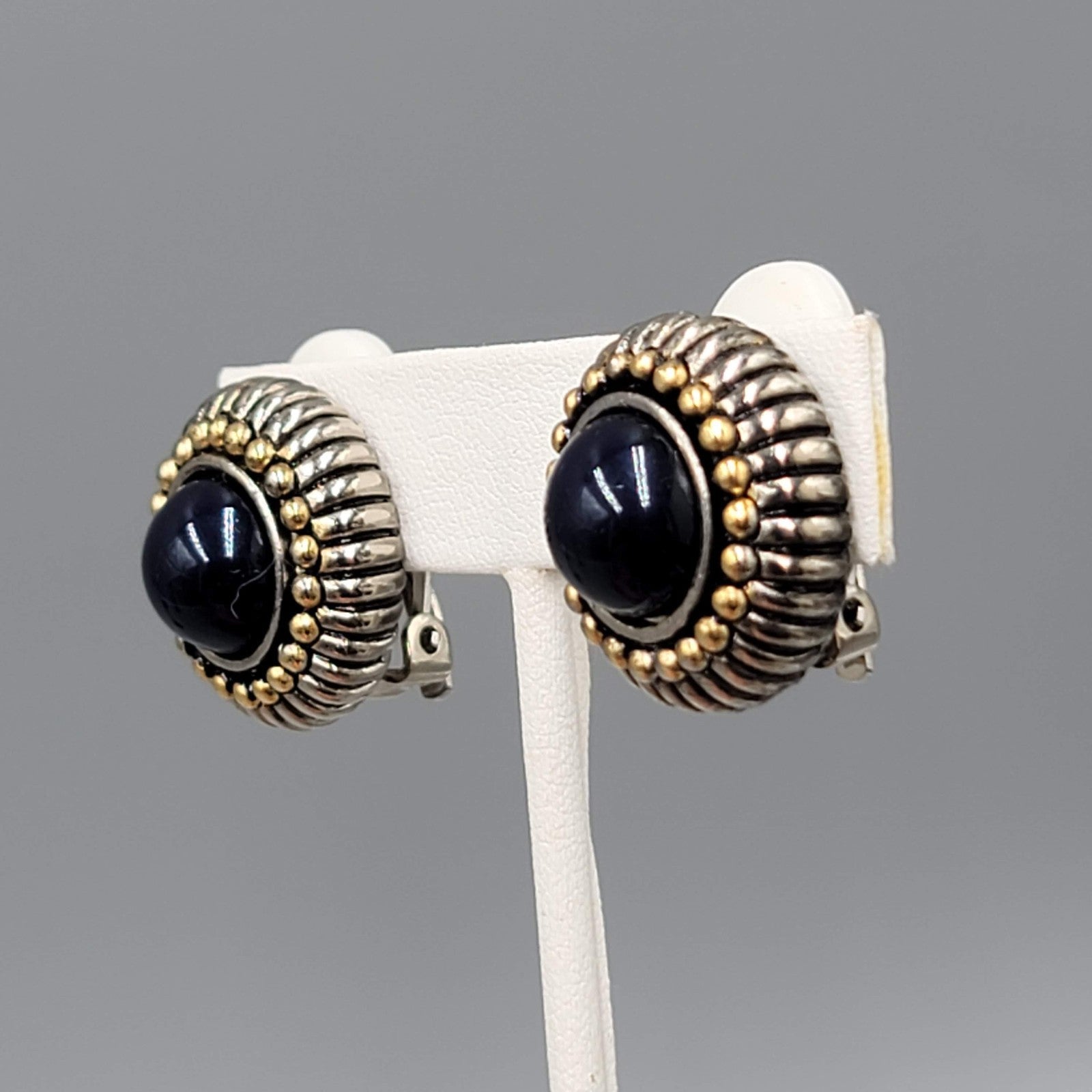 Vintage Navy Blue Cabochon Clip on Earrings Silver & Gold Plated 7/8 in