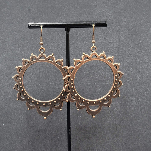 Boho Pierced Earrings Bronze tone Hoop Dangle 2.25"