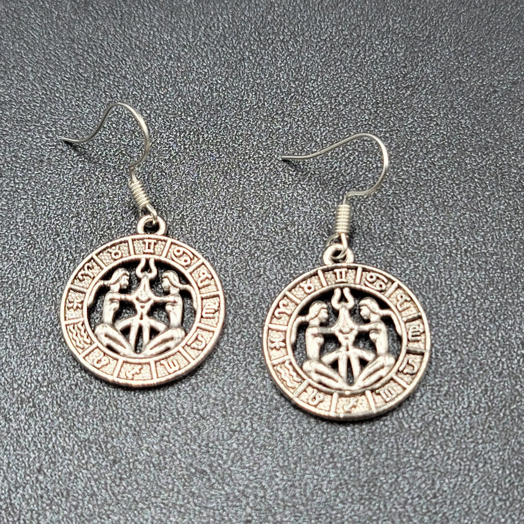 Zodiac Pierced Earrings Silver tone Dangle 7/8"