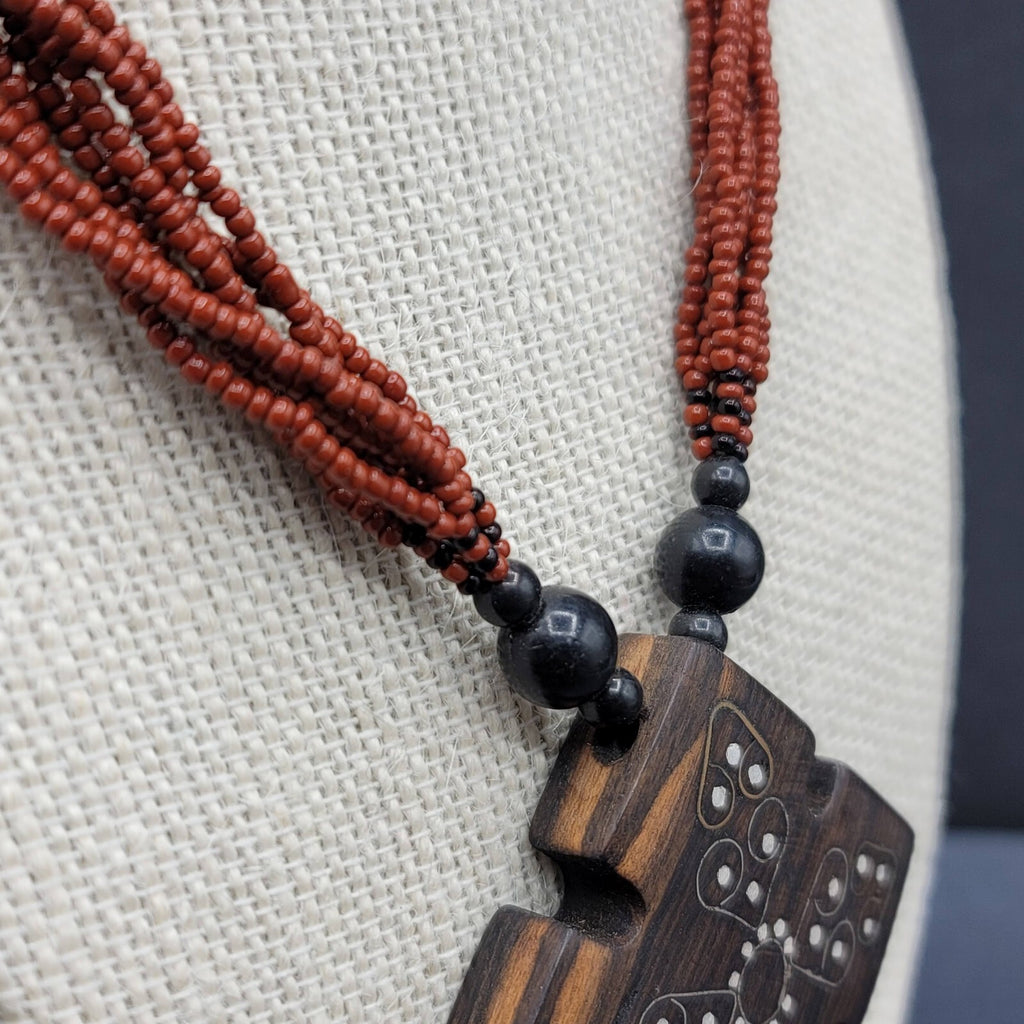 Artisan Boho Necklace Dark Red Seed Bead Wood Inlay Pendant Ethnic 18"