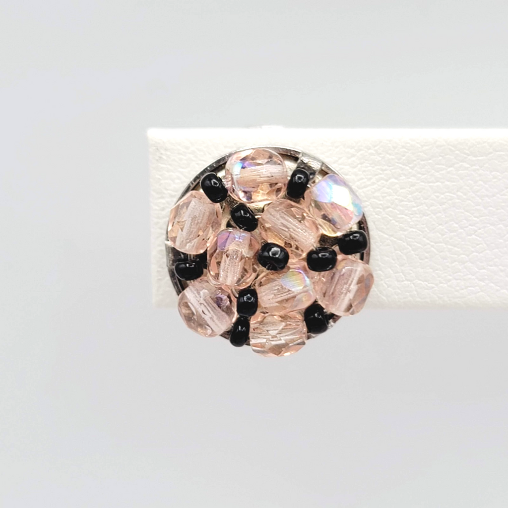 Vintage Pink Bead Stud Clip on Earrings Silver tone Round 5/8 in