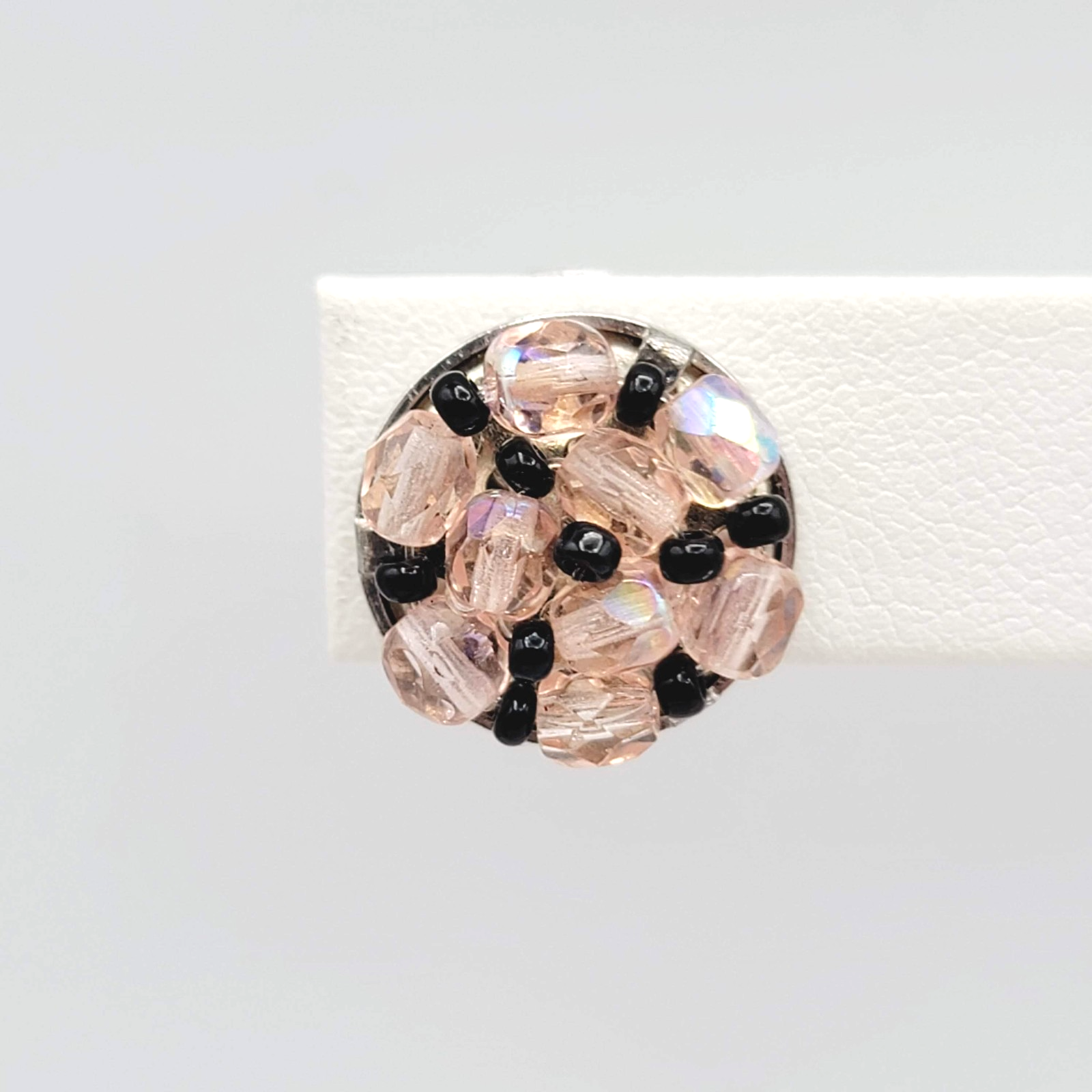 Vintage Pink Bead Stud Clip on Earrings Silver tone Round 5/8 in