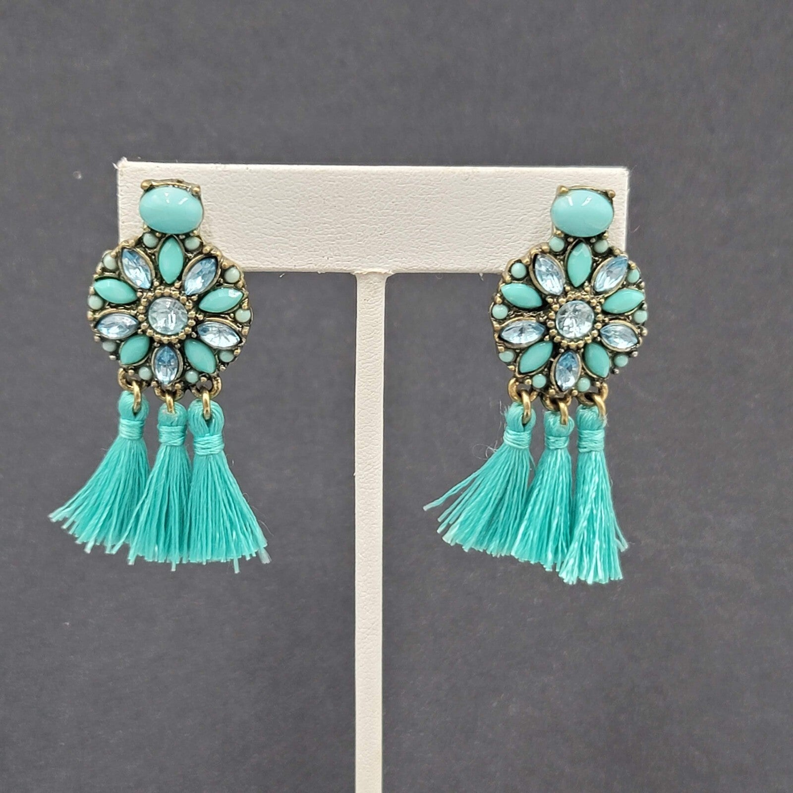 Pierced Earrings Gold tone Blue Rhinestone Tassel 2"