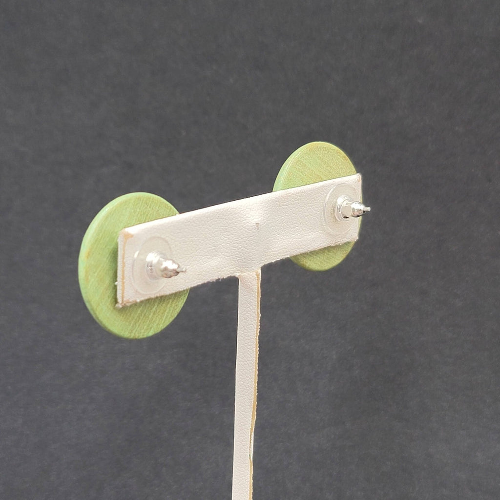 Vintage Pierced Earrings Stained Green Wood Disc Drop 1"