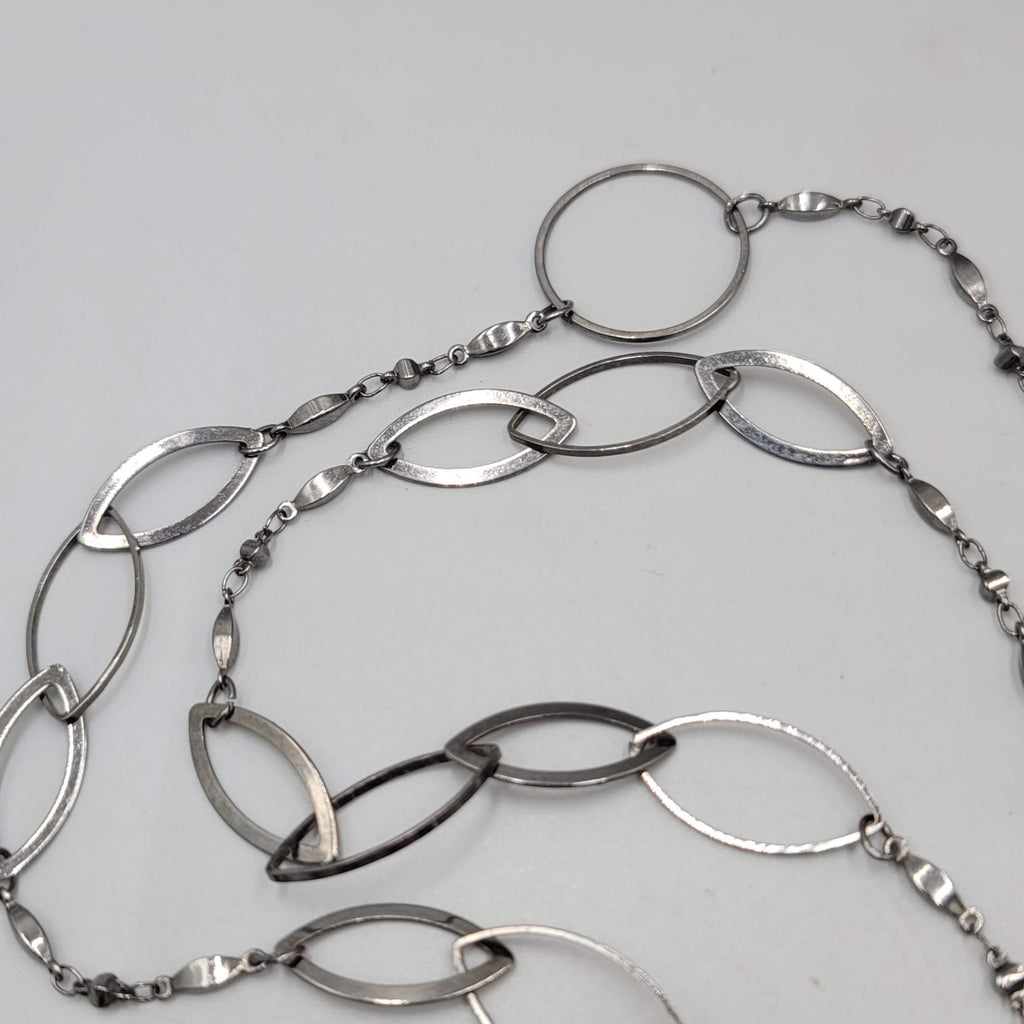 Long Thin Geometric Chain Necklace Gunmetal  Gray Black Metal 52"