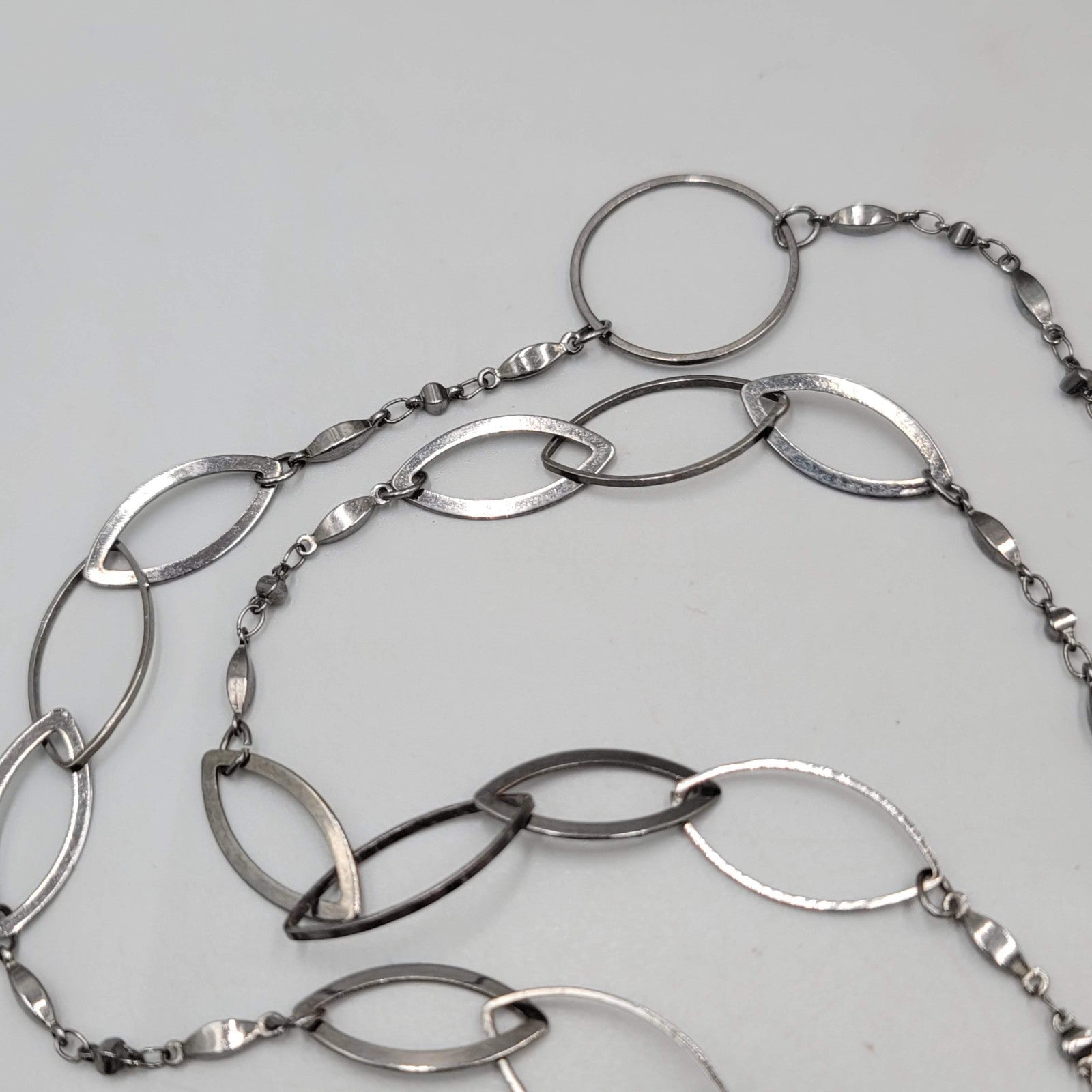 Long Thin Geometric Chain Necklace Gunmetal  Gray Black Metal 52"