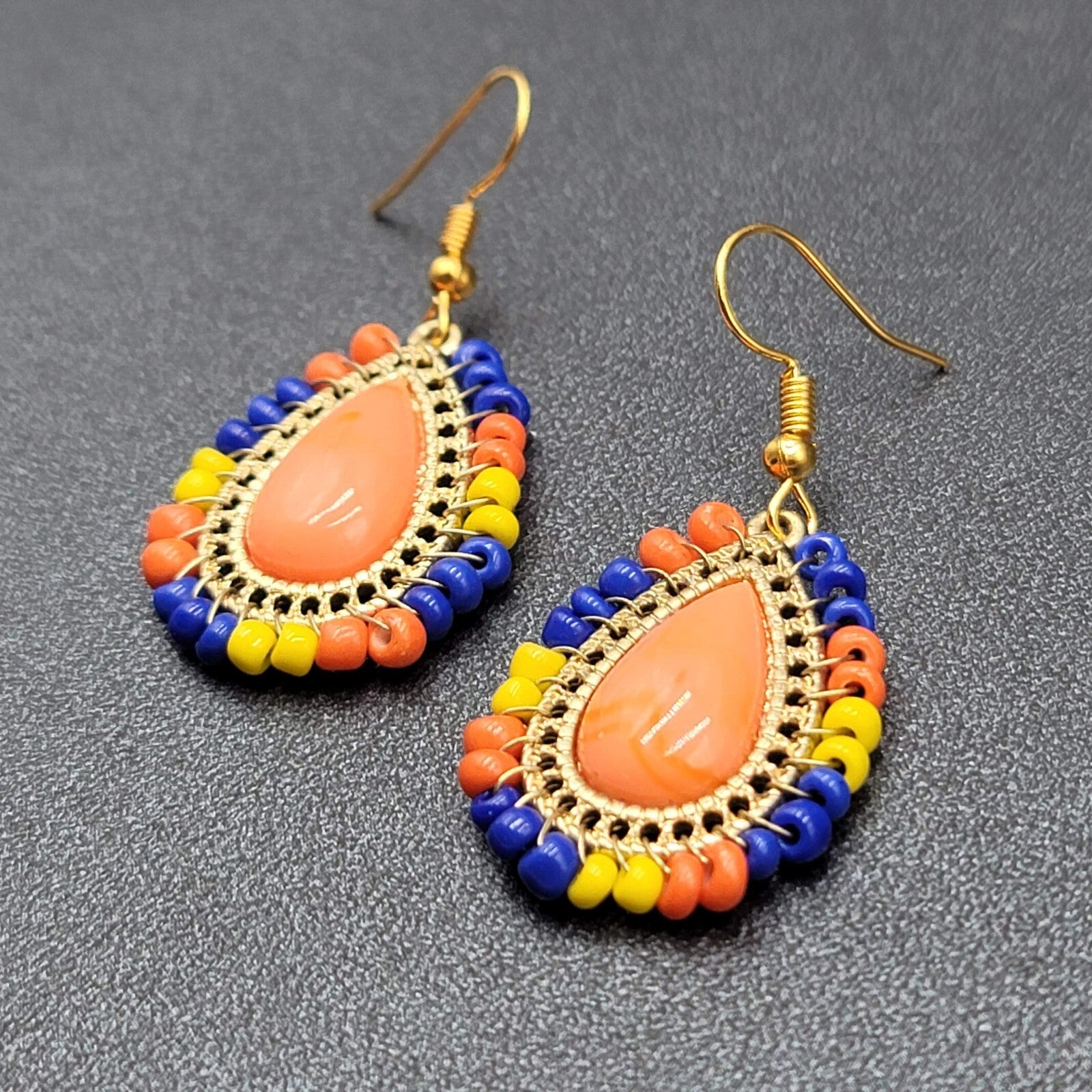 Pierced Earrings Gold tone Orange Teardrop Multicolor Beads 1 1/8"