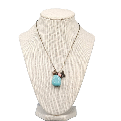 Bronze tone Charm Pendant Necklace Blue Stone Butterfly Heart Flower 16"-18"