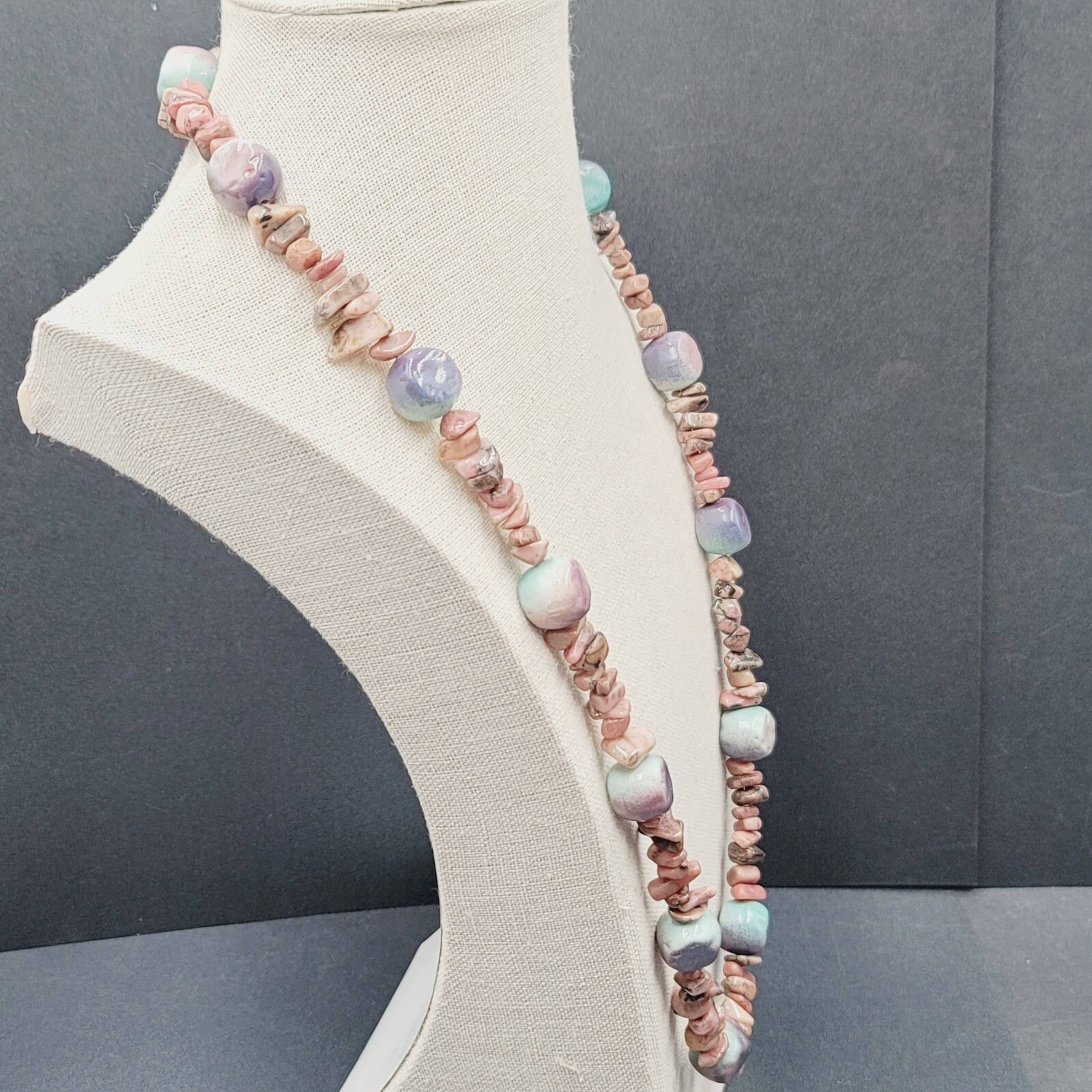 Pink Agate Stone and Pottery Art Bead Necklace 26" Barrel Clasp Artisan