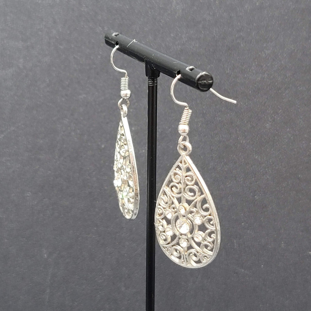 Pierced Earrings Silver tone Rhinestone Open Work Teardrop Dangle 1.25"