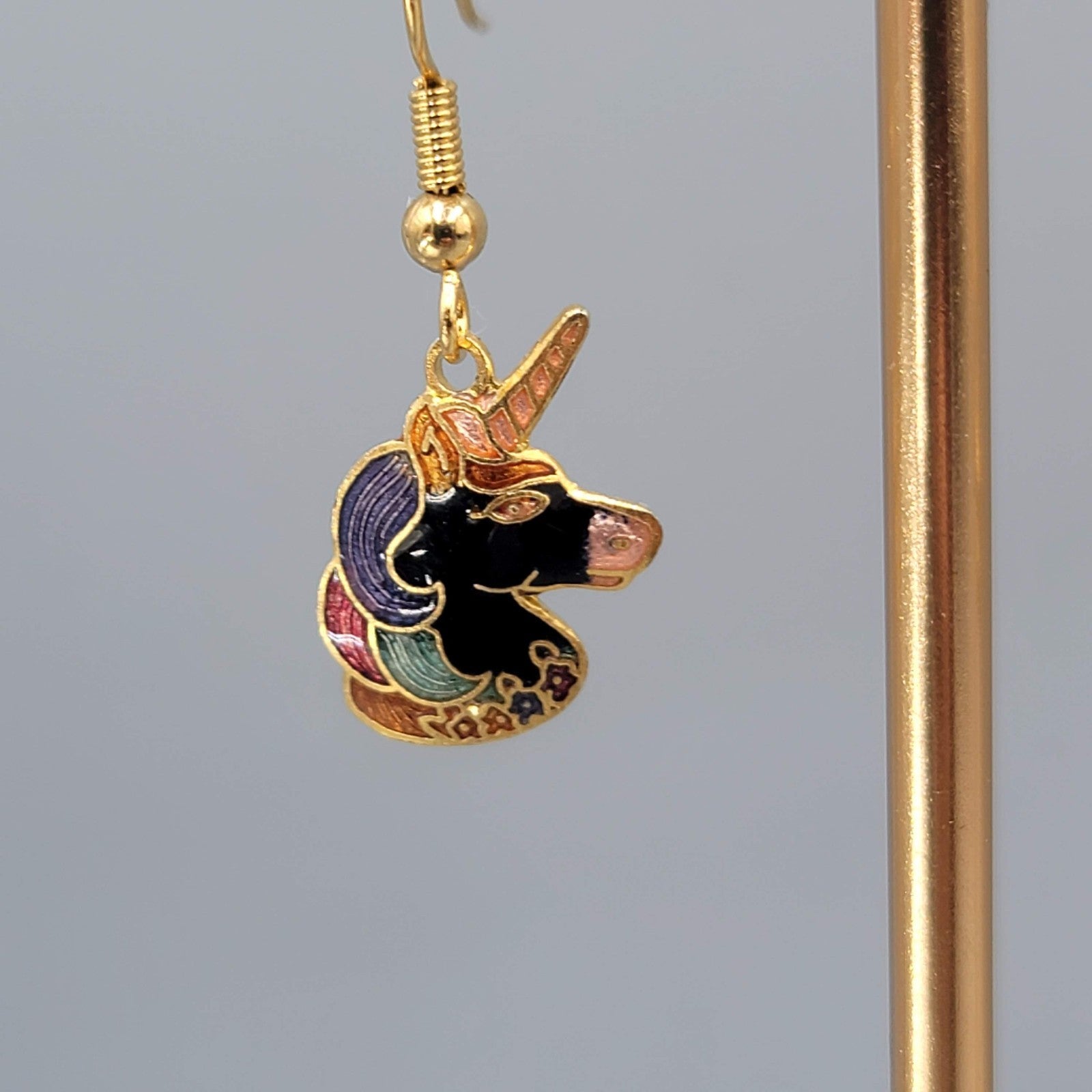 Vintage Enamel Cloisonne Unicorn Pierced Earrings Gold tone Dangle 3/4"