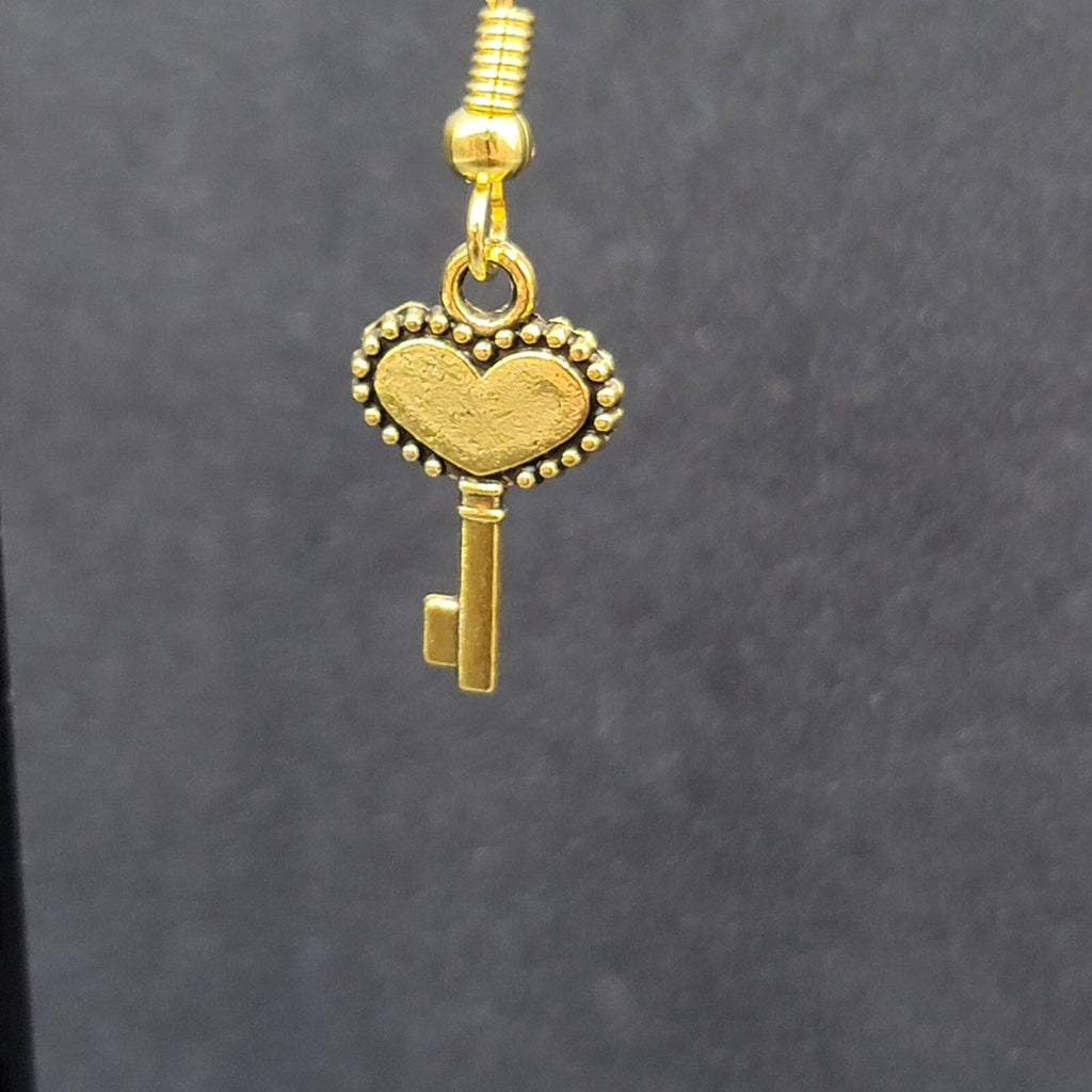 New Ornate Heart Skeleton Key Pierced Earrings Gold tone Dangle 5/8"