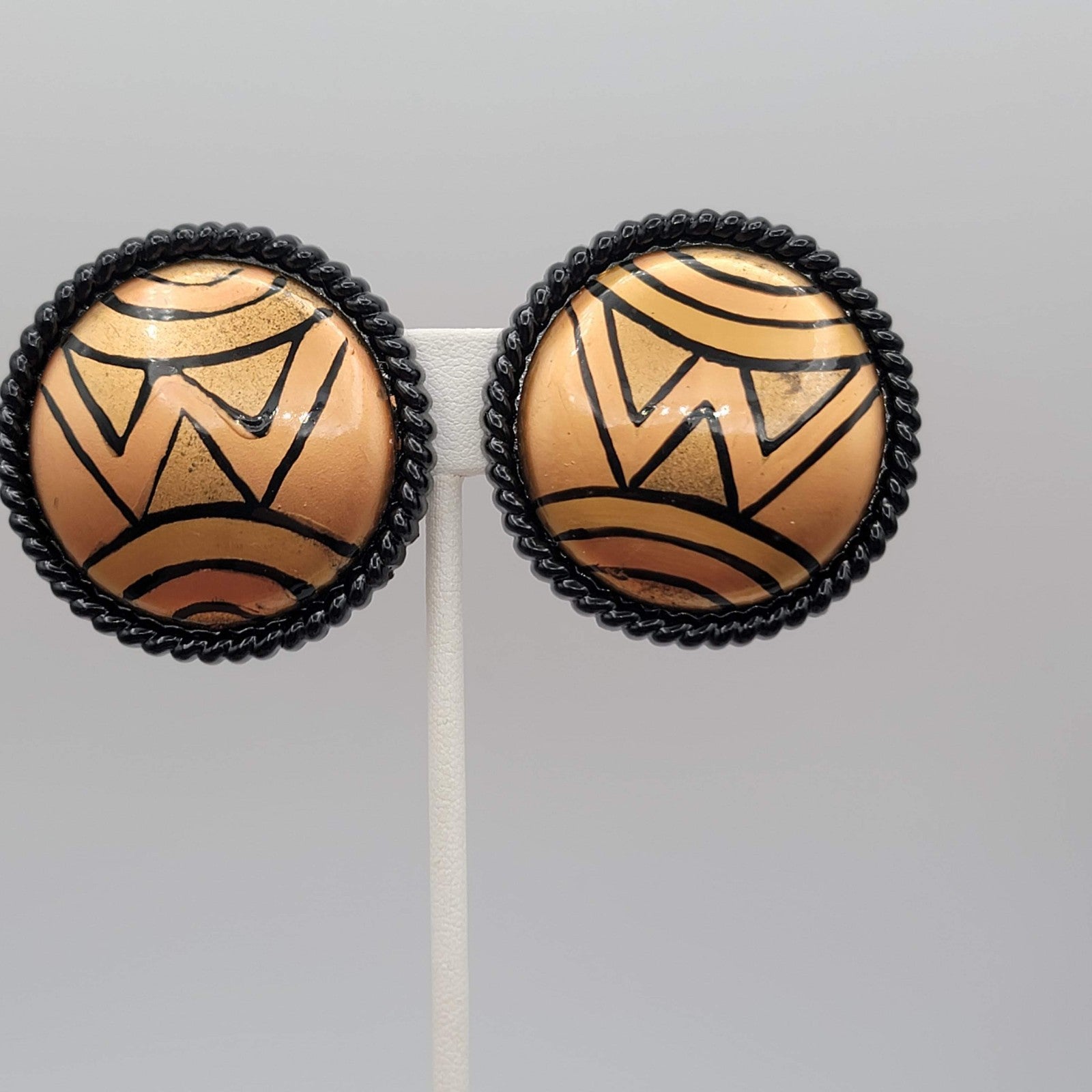 Vintage Clip on Earrings Round Hand Painted Black Gold tone Statement 1.5 in