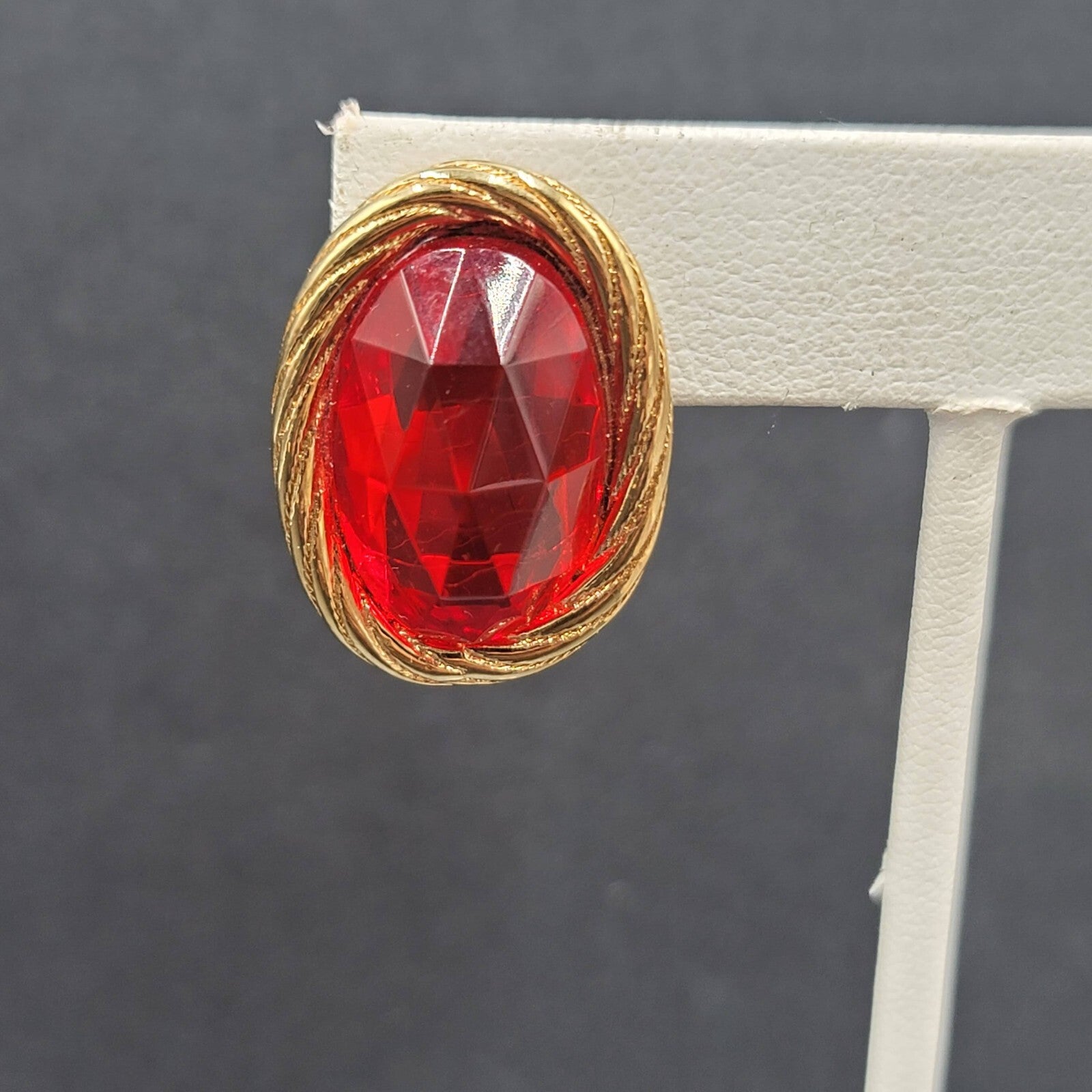 Vintage Pierced Earrings Gold Plated Red Faceted Glass Drop 1"