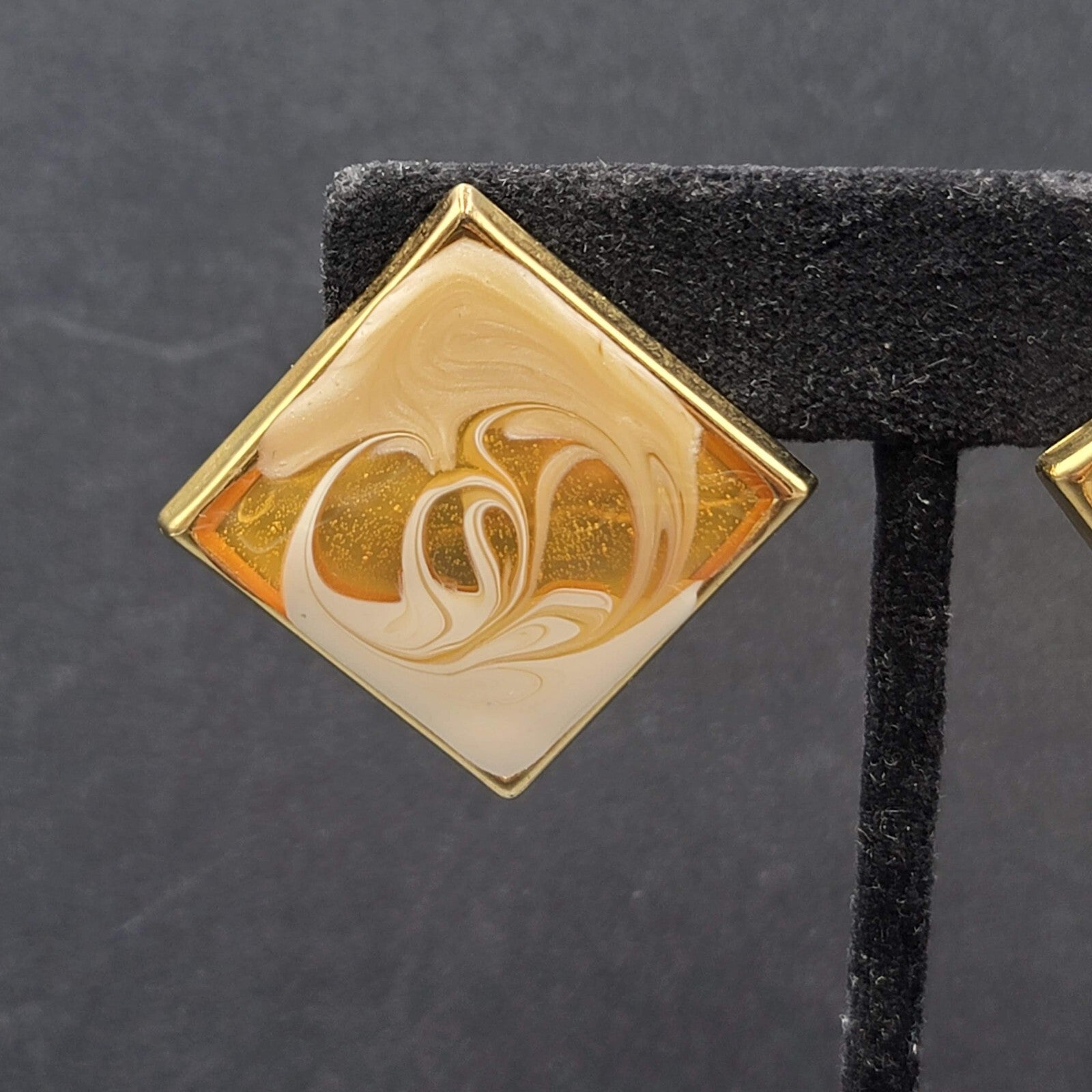 Vintage Pierced Earrings Gold tone Swirl White Gold Enamel Square Drop 1 3/8"