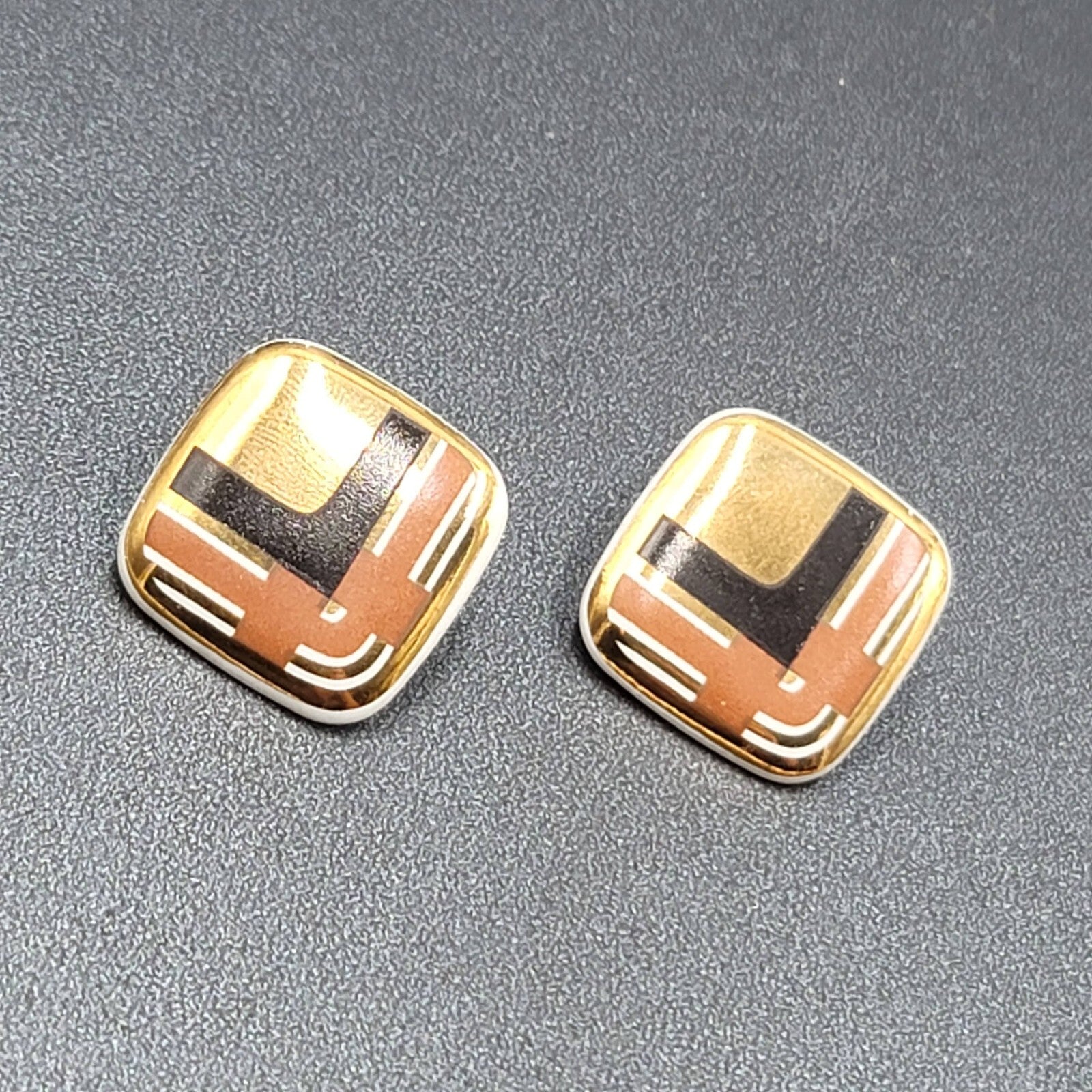 Vintage Pierced Earrings Ceramic Gold Black Brown Painted Square Drop 1"
