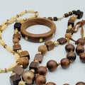 Vintage Wood Jewelry Lot 3 Necklaces and 1 Bangle Brass Inlay Bracelet