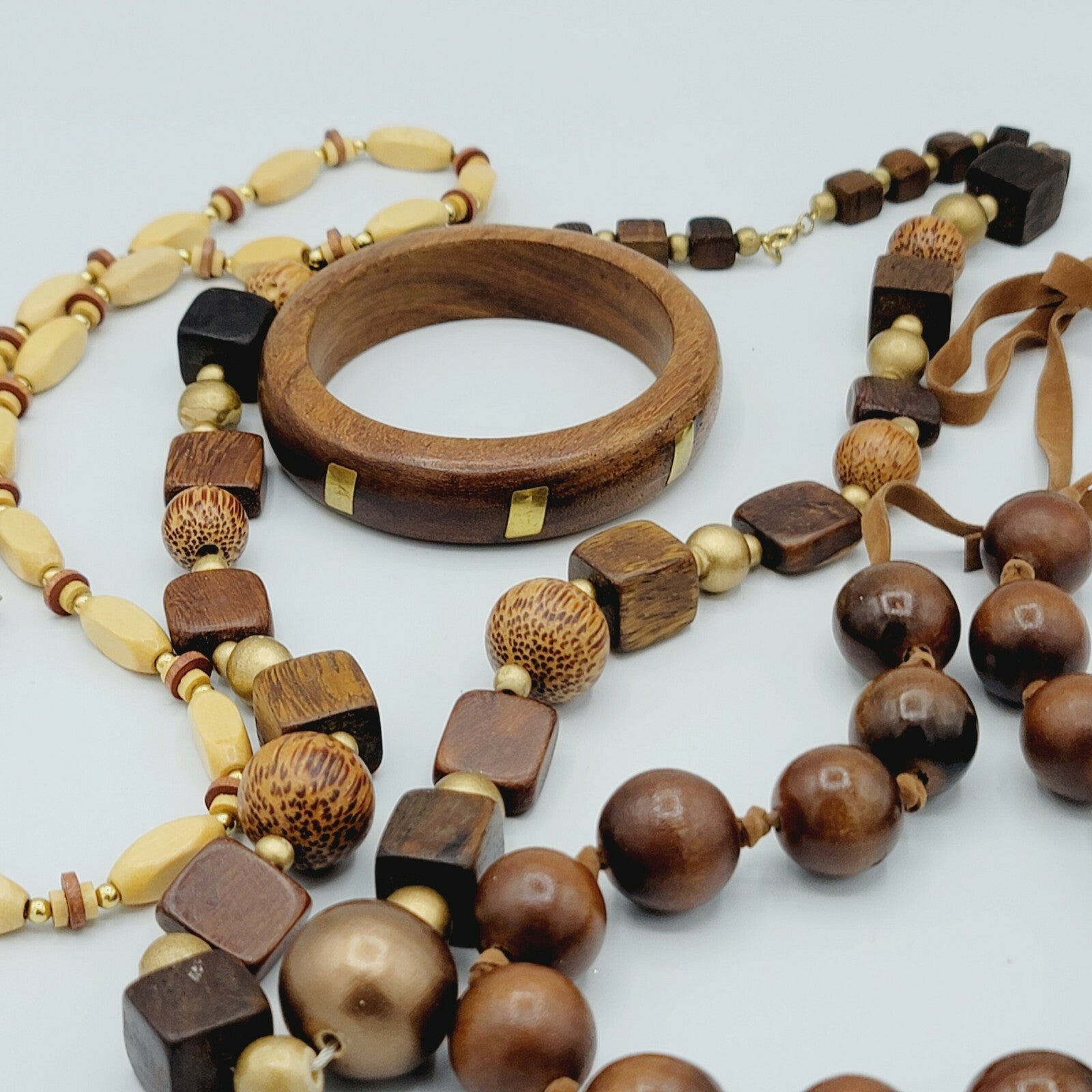 Vintage Wood Jewelry Lot 3 Necklaces and 1 Bangle Brass Inlay Bracelet