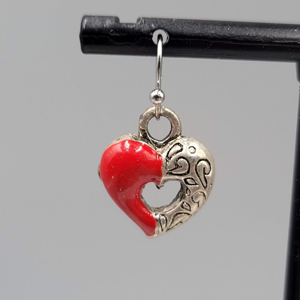 Heart Pierced Earrings Silver tone Red Enamel Dangle 5/8"