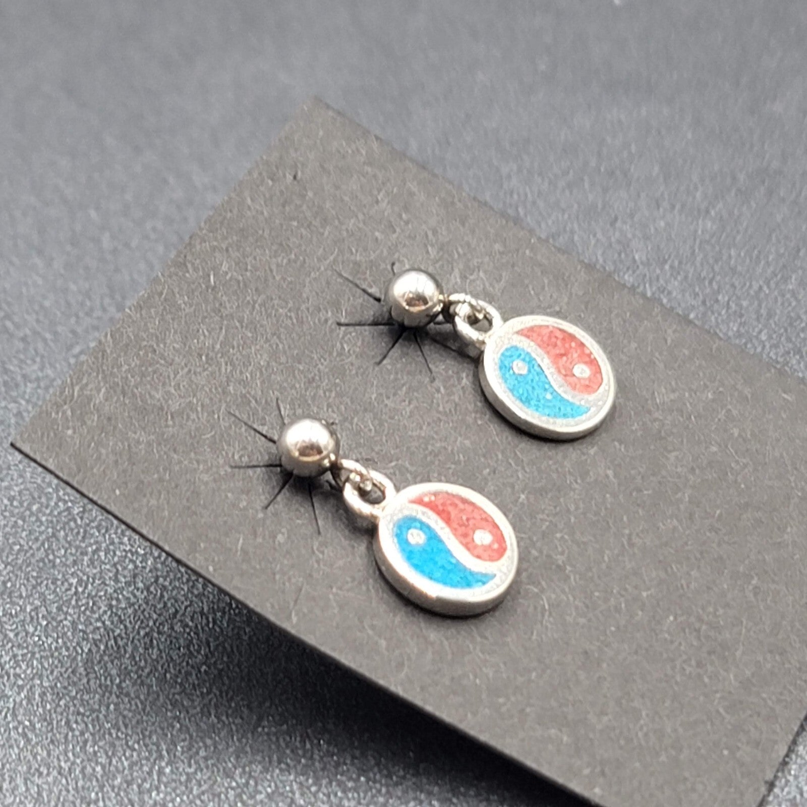 Vintage Peace Sign Pierced Earrings Silver Plated Turquoise Coral Inlay NOS