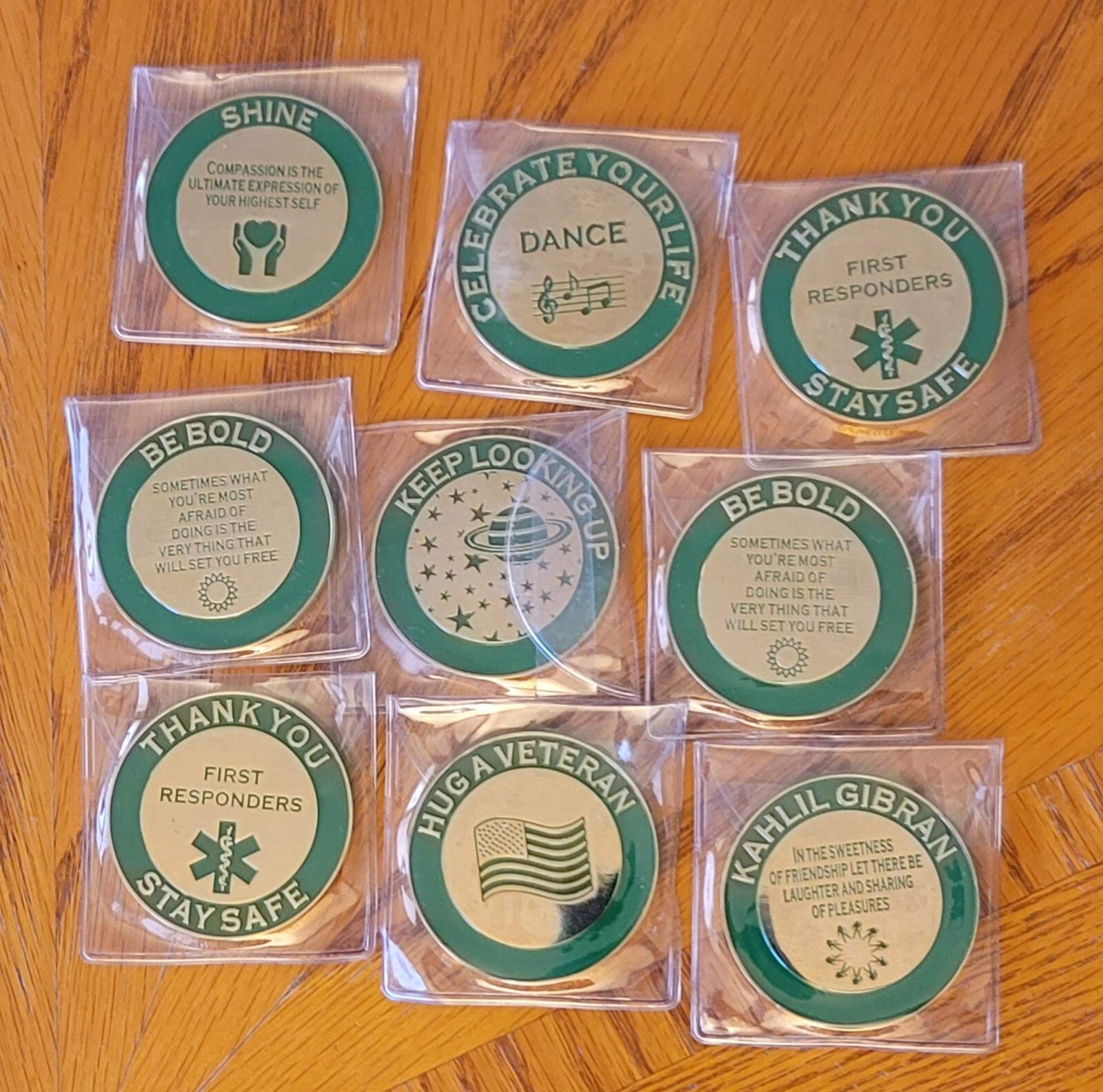 Please Forward Token Lot Coin Medal Gold tone Green Enamel Lot of 9 / 2"