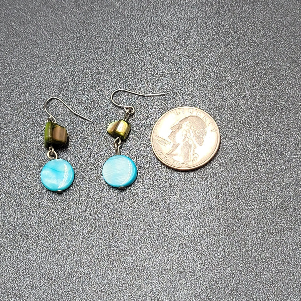 Pierced Earrings Green Blue Shell Bead Dangle Silver tone Hooks 1"