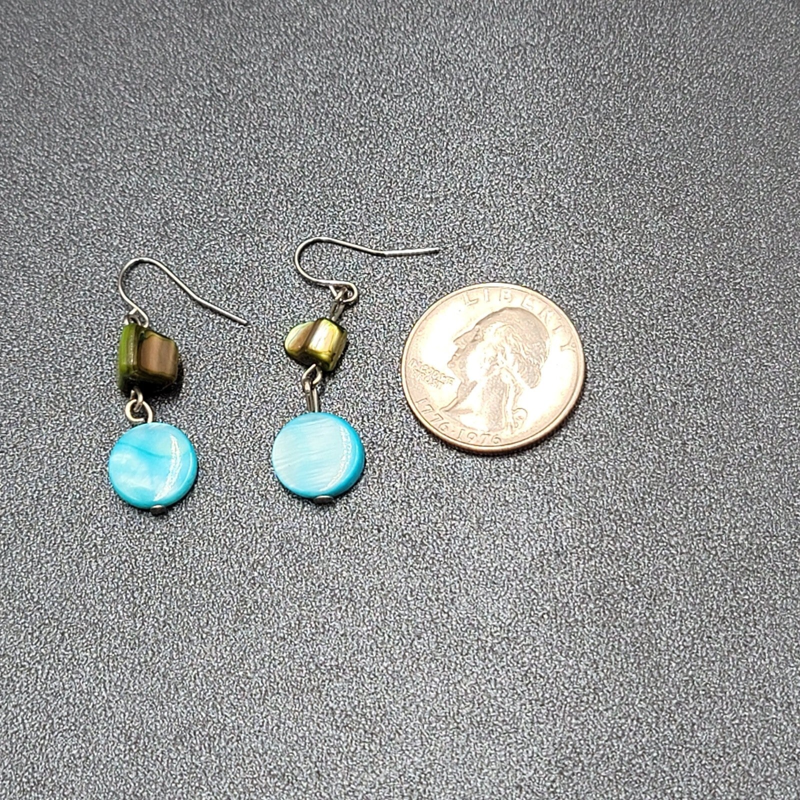 Pierced Earrings Green Blue Shell Bead Dangle Silver tone Hooks 1"