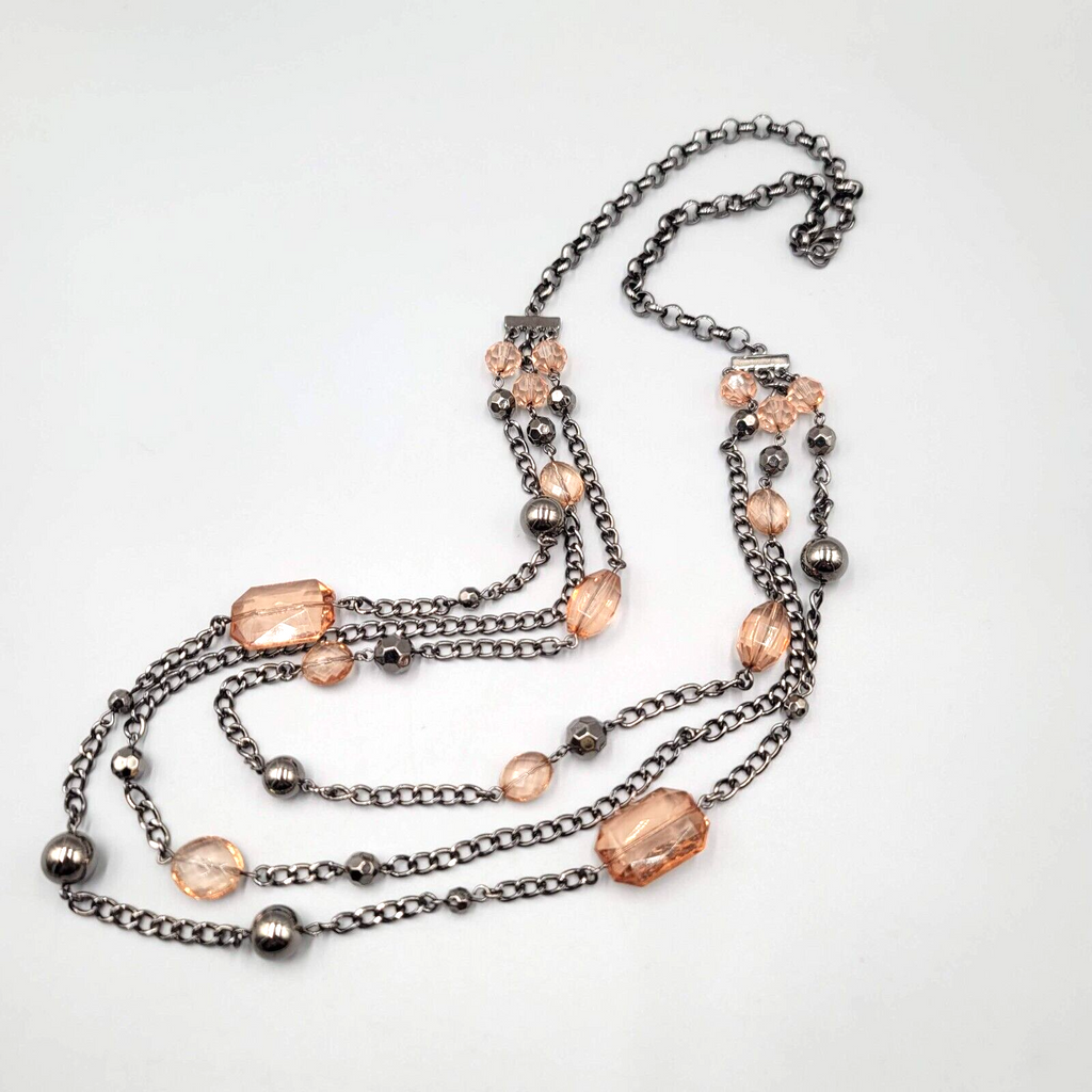 Black Metal Necklace Triple Chain Layered Long Peach Beads 30"