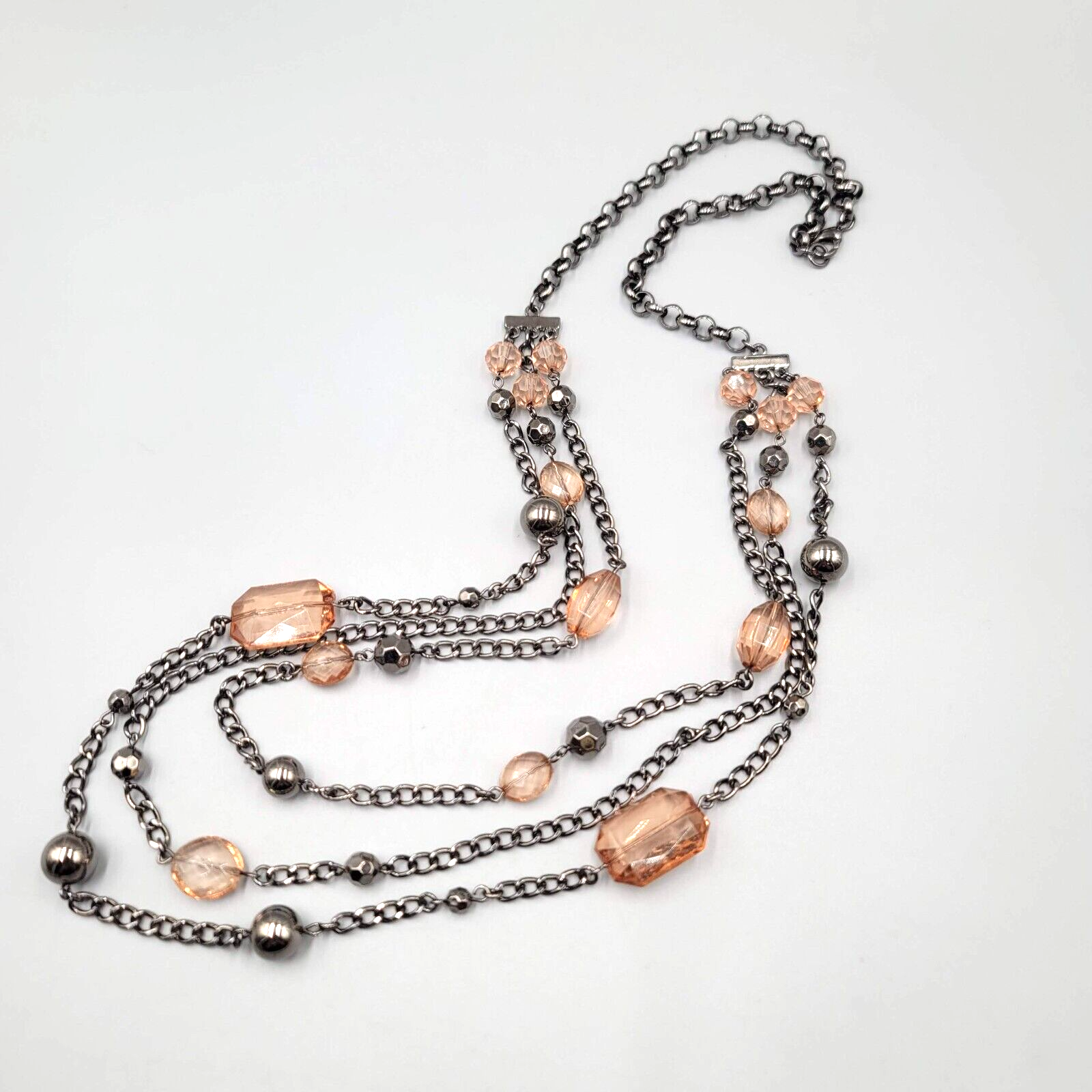 Black Metal Necklace Triple Chain Layered Long Peach Beads 30"