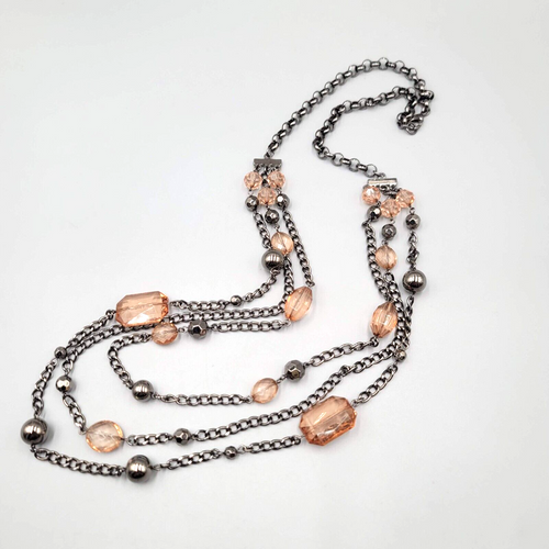 Black Metal Necklace Triple Chain Layered Long Peach Beads 30"
