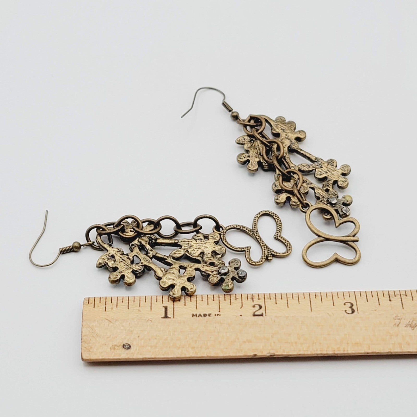 Multicolor Crystal Flowers Butterfly Pierced Earrings Bronze tone Dangle 2 in
