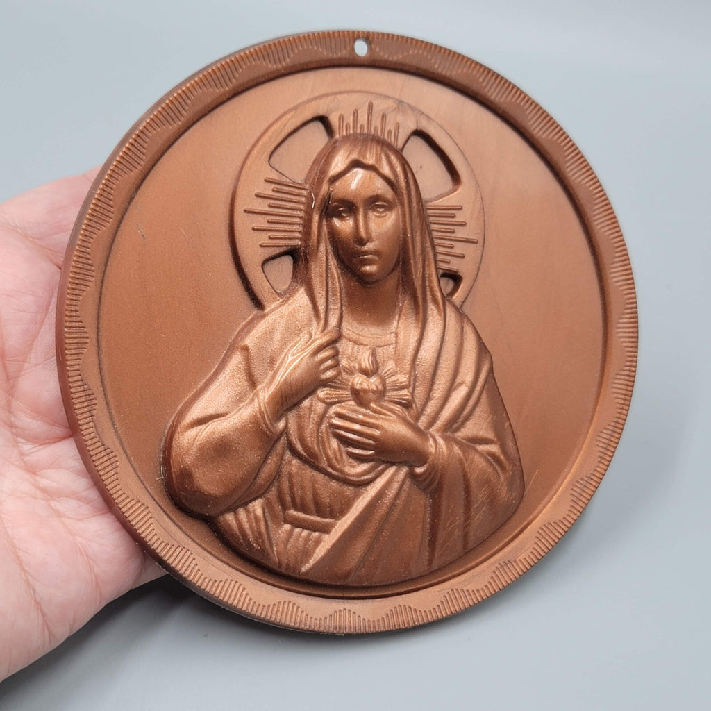 Vintage Mother Mary Plastic Round Plaque Brown 4 5/8"