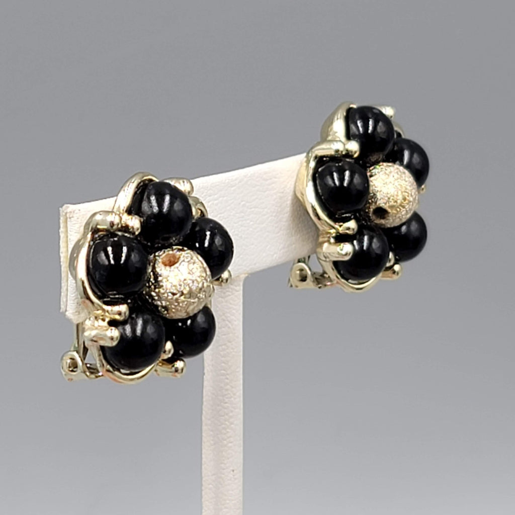 Vintage Gold tone Black Bead Flower Clip on Earrings 1"