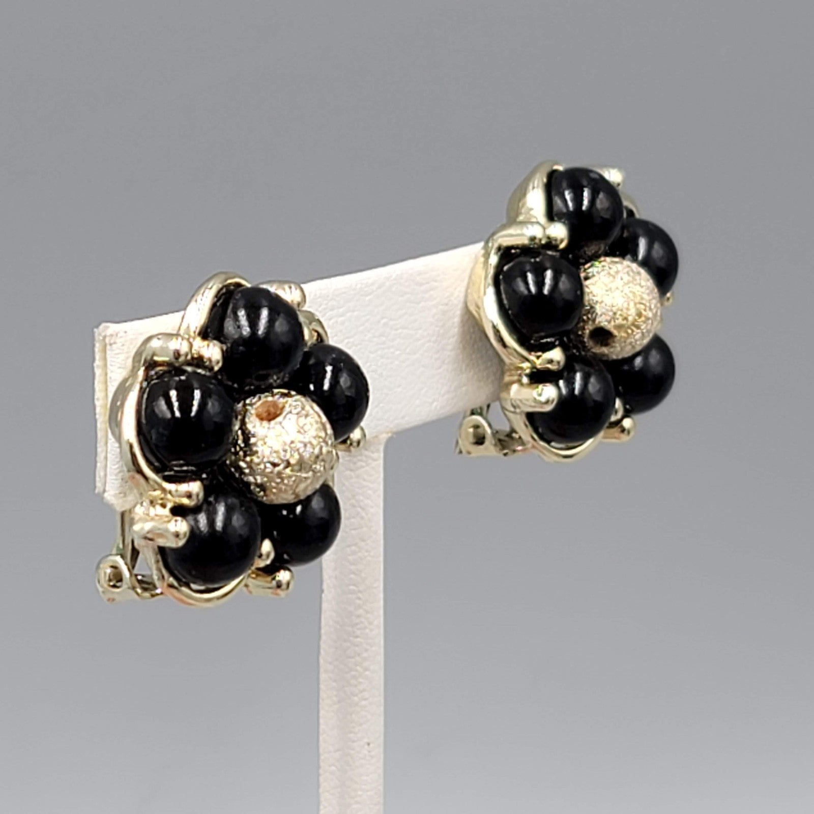 Vintage Gold tone Black Bead Flower Clip on Earrings 1"