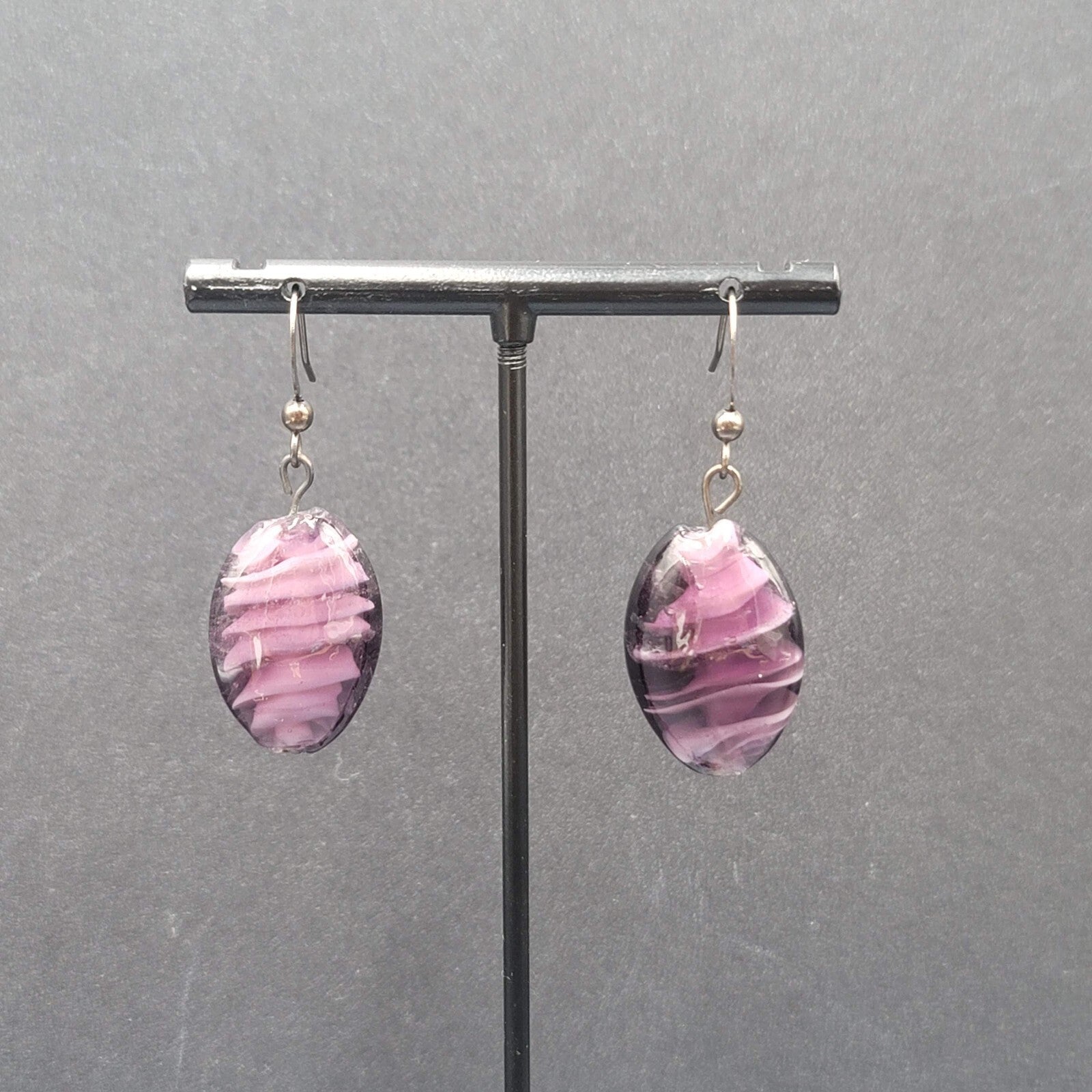 Pierced Earrings Purple Art Glass Bead Dangle 1"