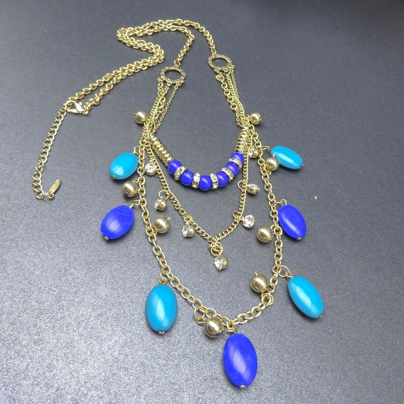 Signed VCLM Necklace Gold tone Multi Layer Blue Bead Chain Long 28" - 31"