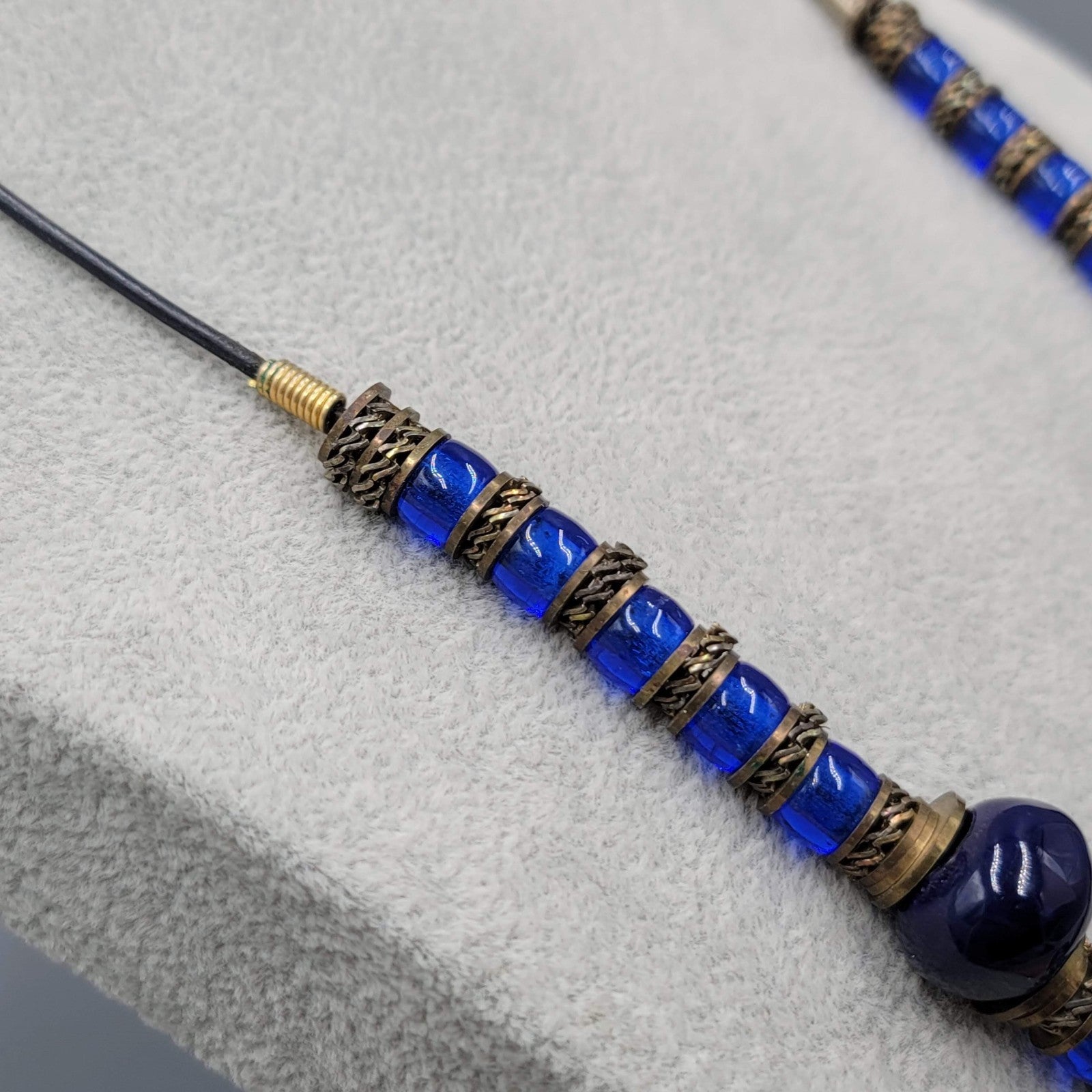 Vintage Ethnic Brass Blue Glass Bead Necklace 24" Estate Jewelry