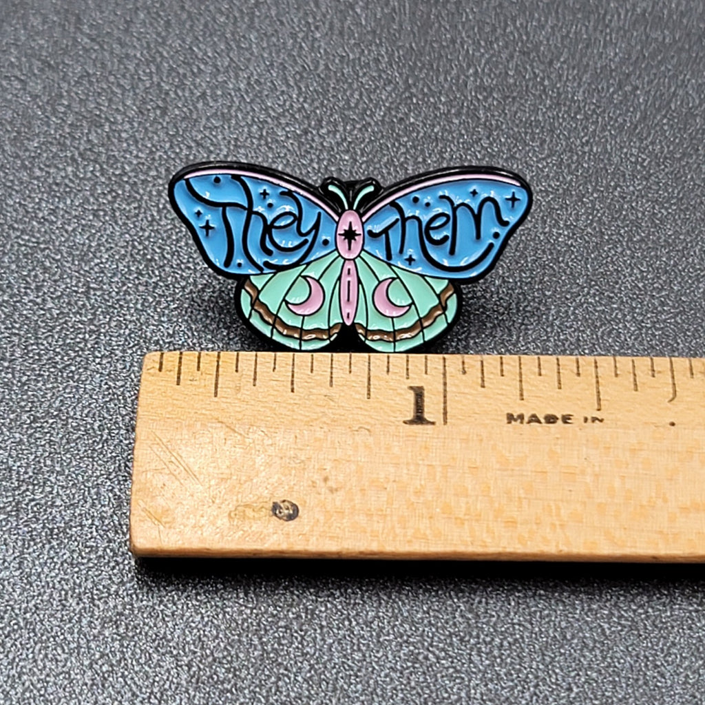 Moth They Them Pronouns BlueEnamel Lapel Hat Pin 1 1/8"