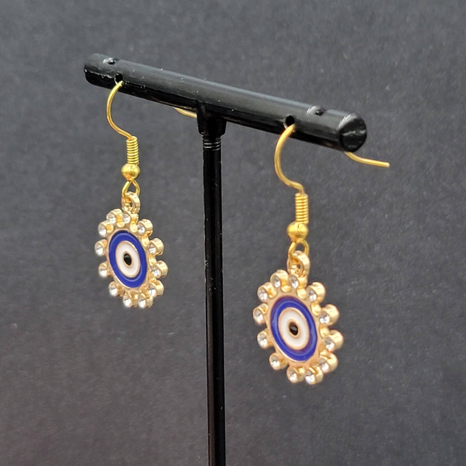 New Evil Eye Rhinestone Pierced Earrings Crystal Gold tone Blue Enamel 3/4"