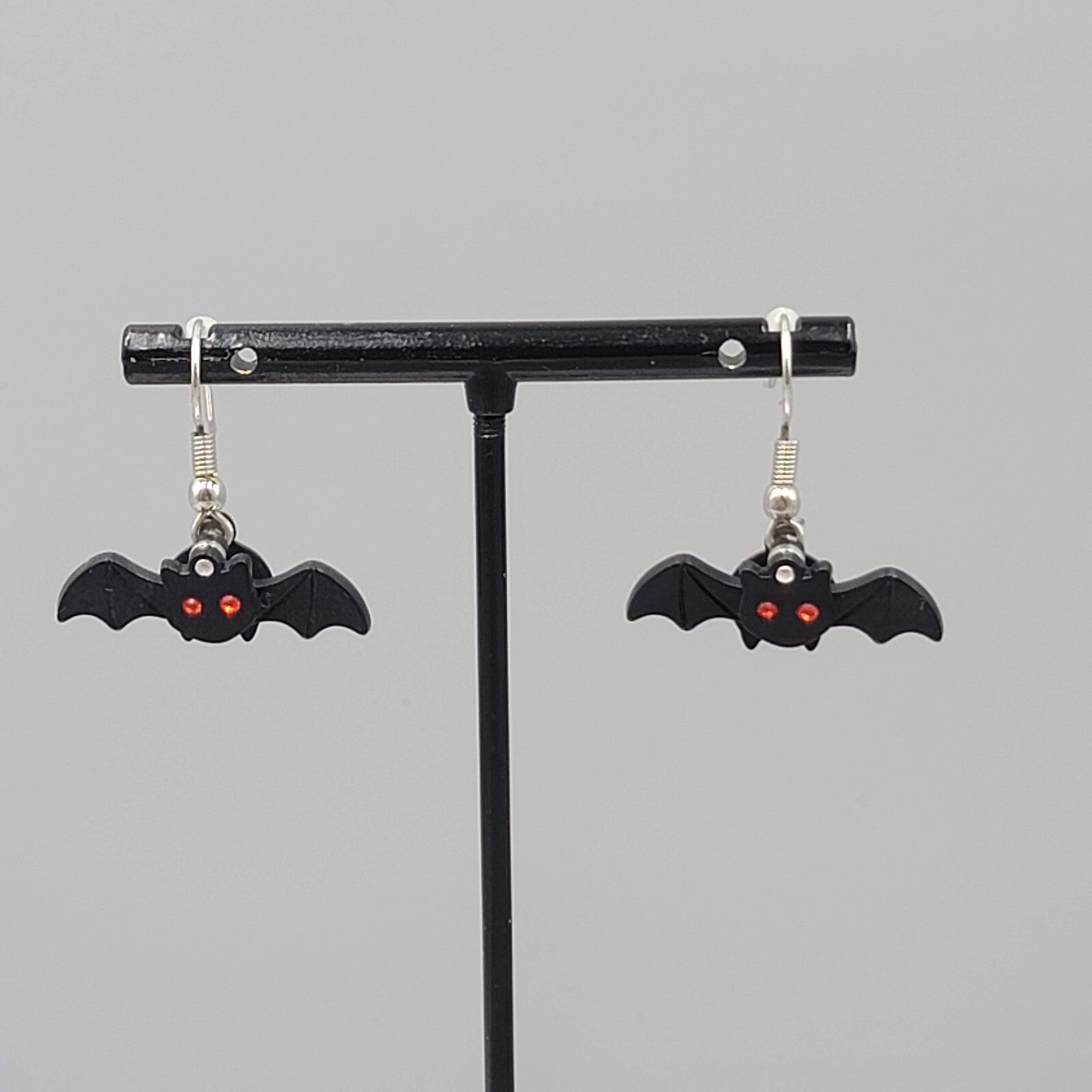 Bat Pierced Earrings Articulated Layered Dangle Red Rhinestone Eyes 1" x 1/2"