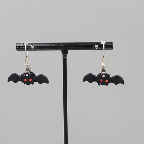 Bat Pierced Earrings Articulated Layered Dangle Red Rhinestone Eyes 1" x 1/2"