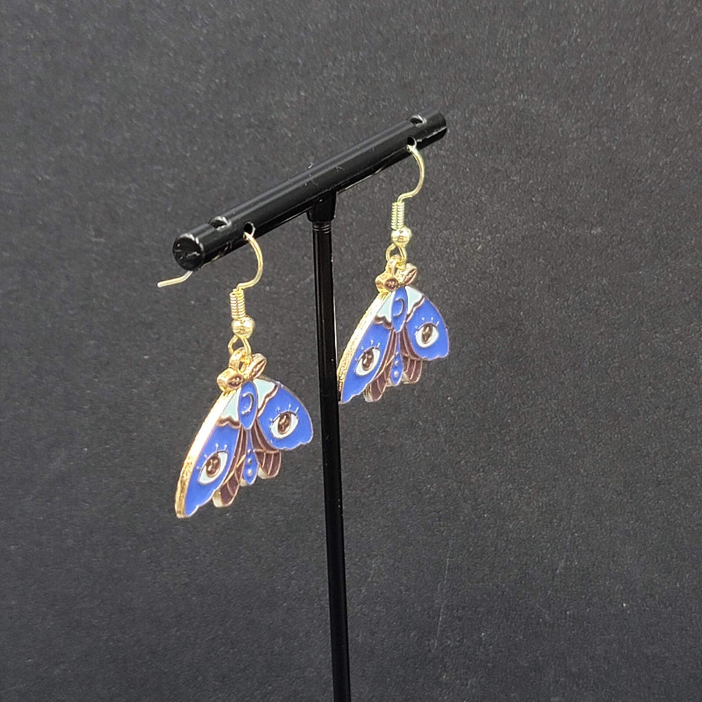 Evil Eye Moth Pierced Earrings Gold tone Blue Enamel Dangle 3/4"