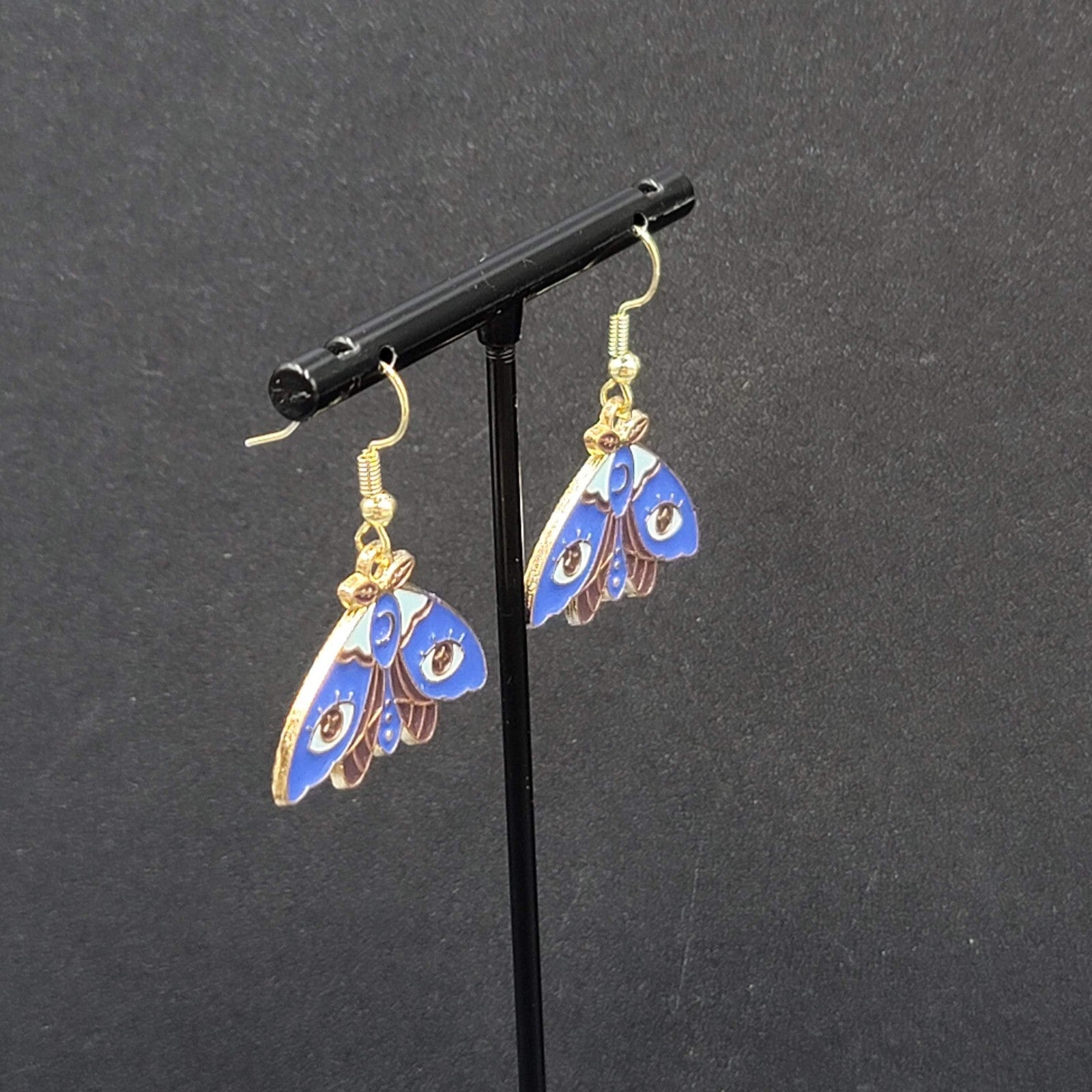Evil Eye Moth Pierced Earrings Gold tone Blue Enamel Dangle 3/4"