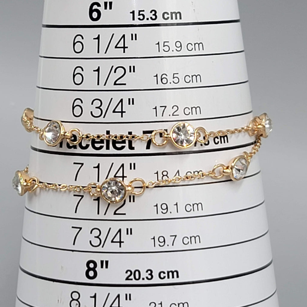 Double Chain Station Rhinestone Bracelet Gold tone 7"-8.75" Adj