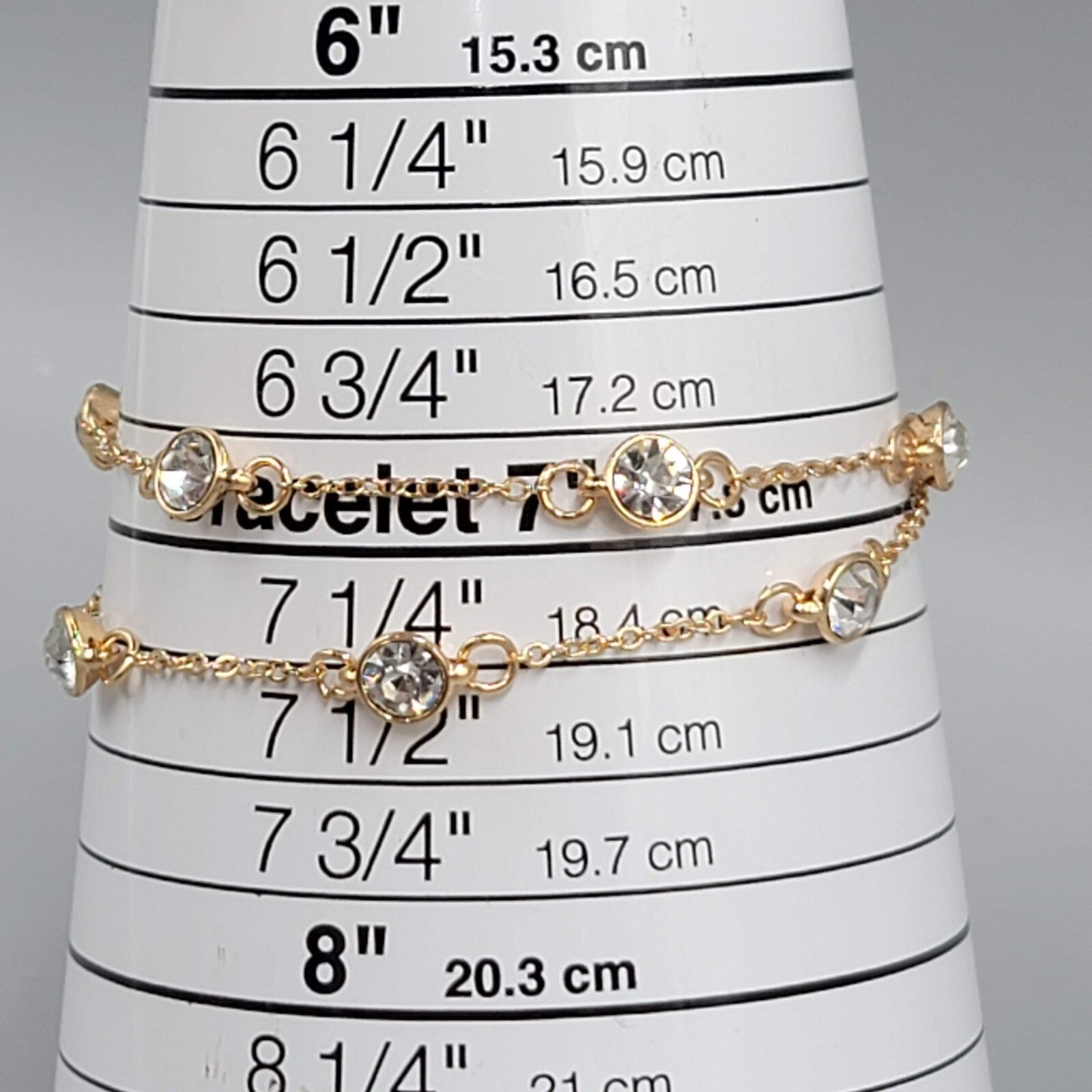 Double Chain Station Rhinestone Bracelet Gold tone 7"-8.75" Adj