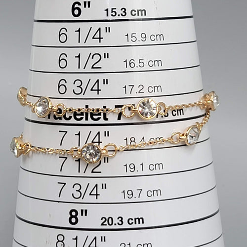 Double Chain Station Rhinestone Bracelet Gold tone 7"-8.75" Adj