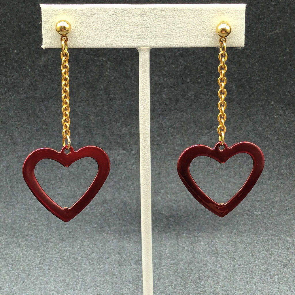Pierced Earrings Gold tone Chain Sparkle Red Enamel Open Heart 2 1/2"
