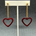 Pierced Earrings Gold tone Chain Sparkle Red Enamel Open Heart 2 1/2"