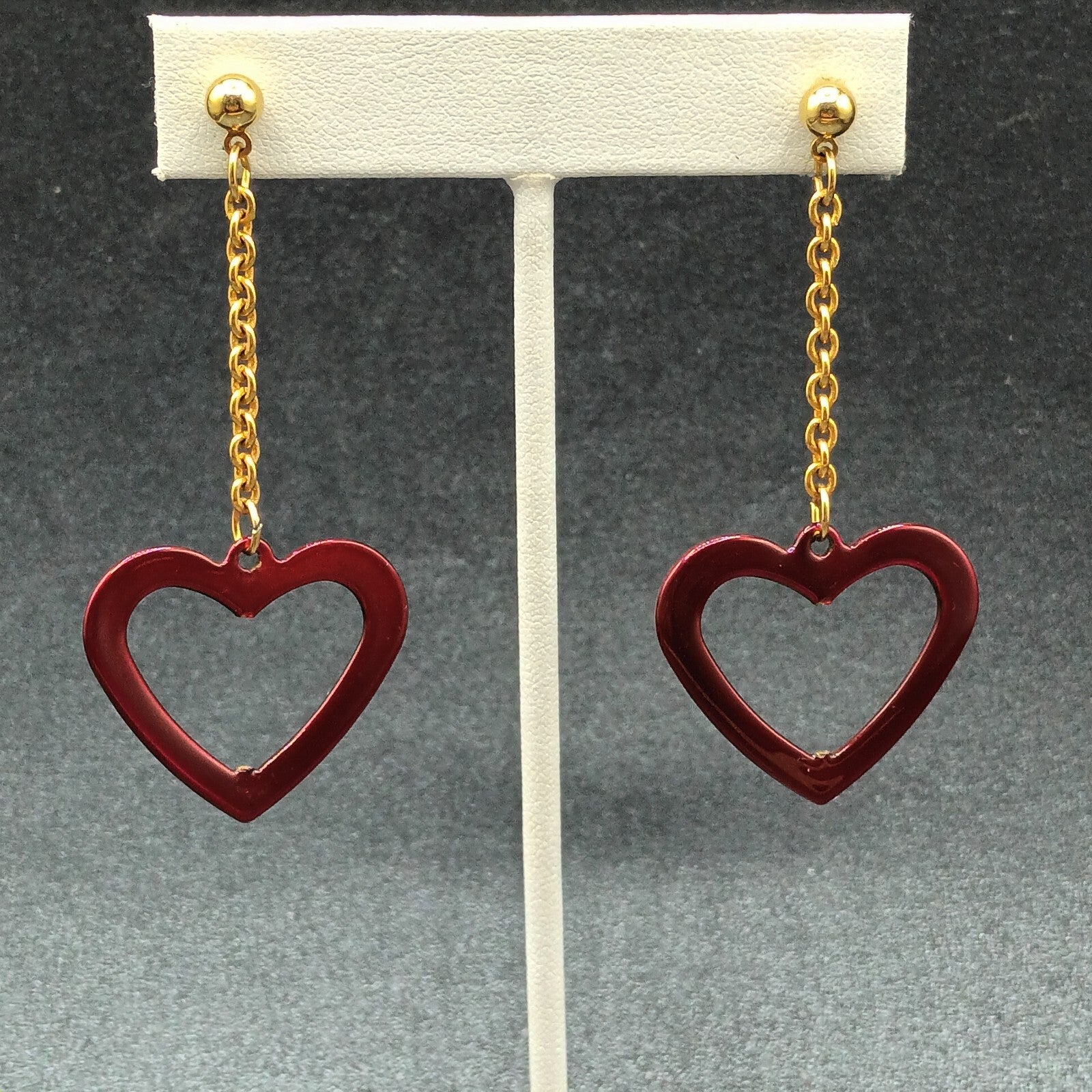 Pierced Earrings Gold tone Chain Sparkle Red Enamel Open Heart 2 1/2"