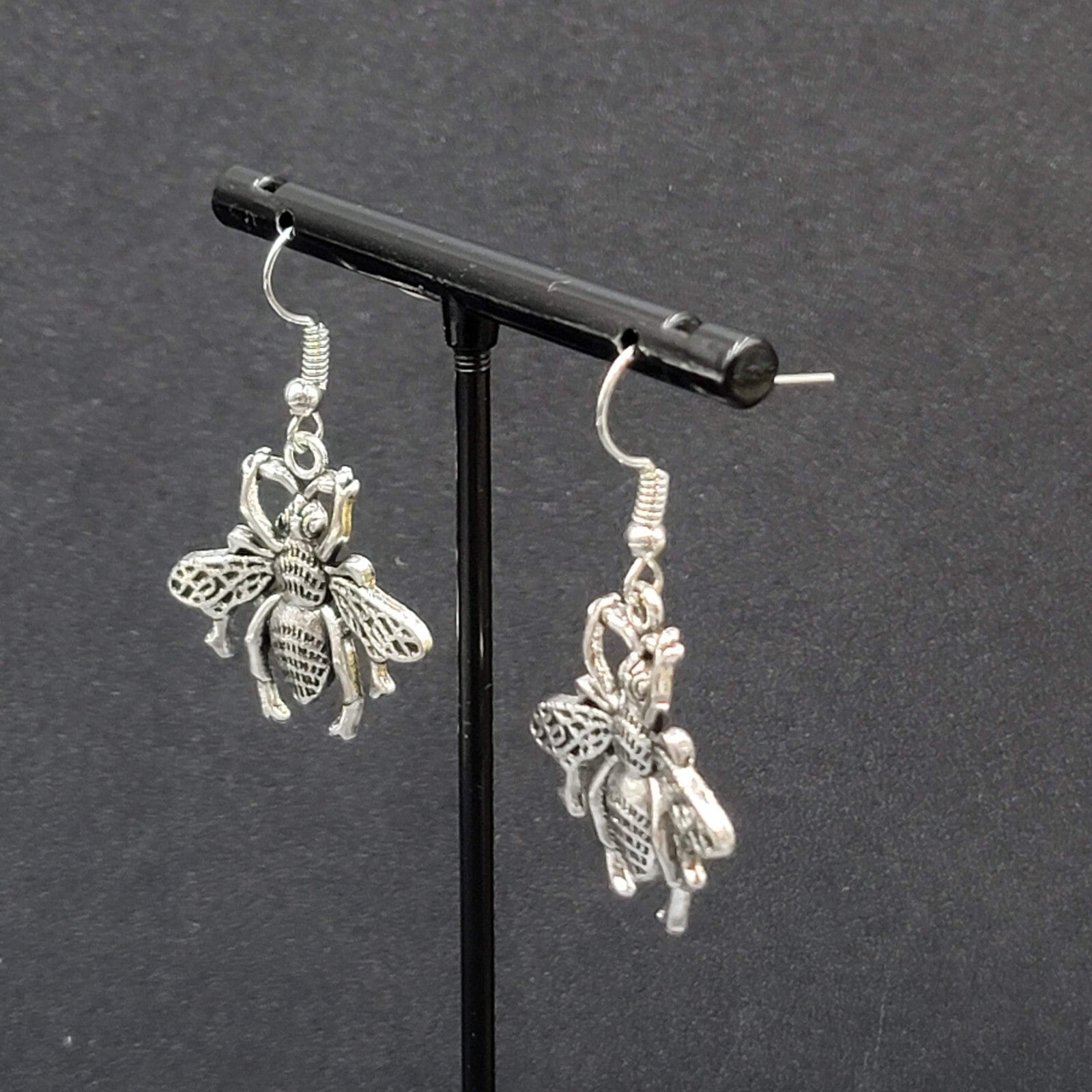 Bee Flying Insect Pierced Earrings Silver tone Dangle 1"